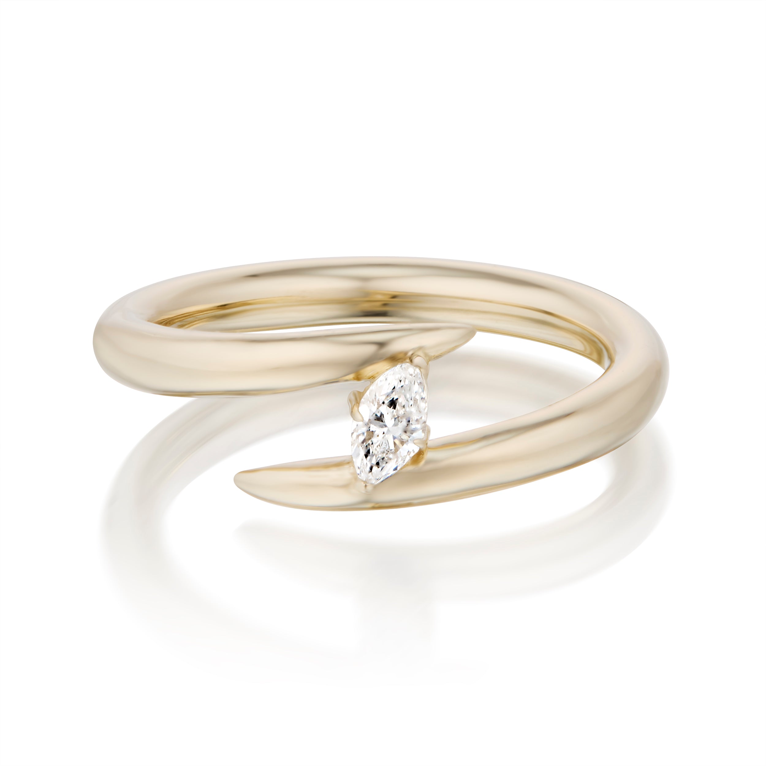 Vale Jewelry Swoop Marquise Cut White Diamond Bypass Ring Front View Yellow Gold