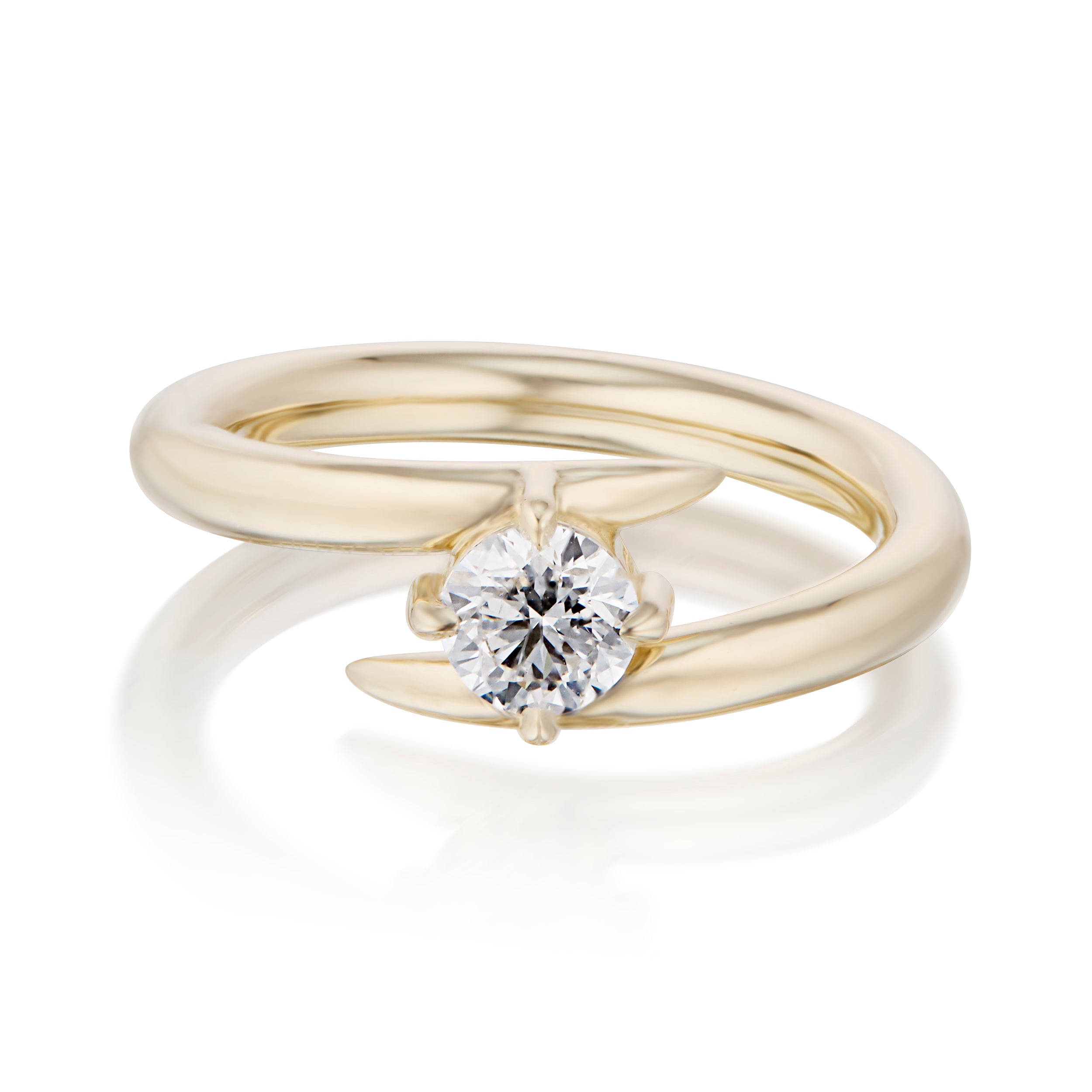 Vale Jewelry Swoop Round Brilliant Cut White Diamond Bypass Ring Front View Yellow Gold