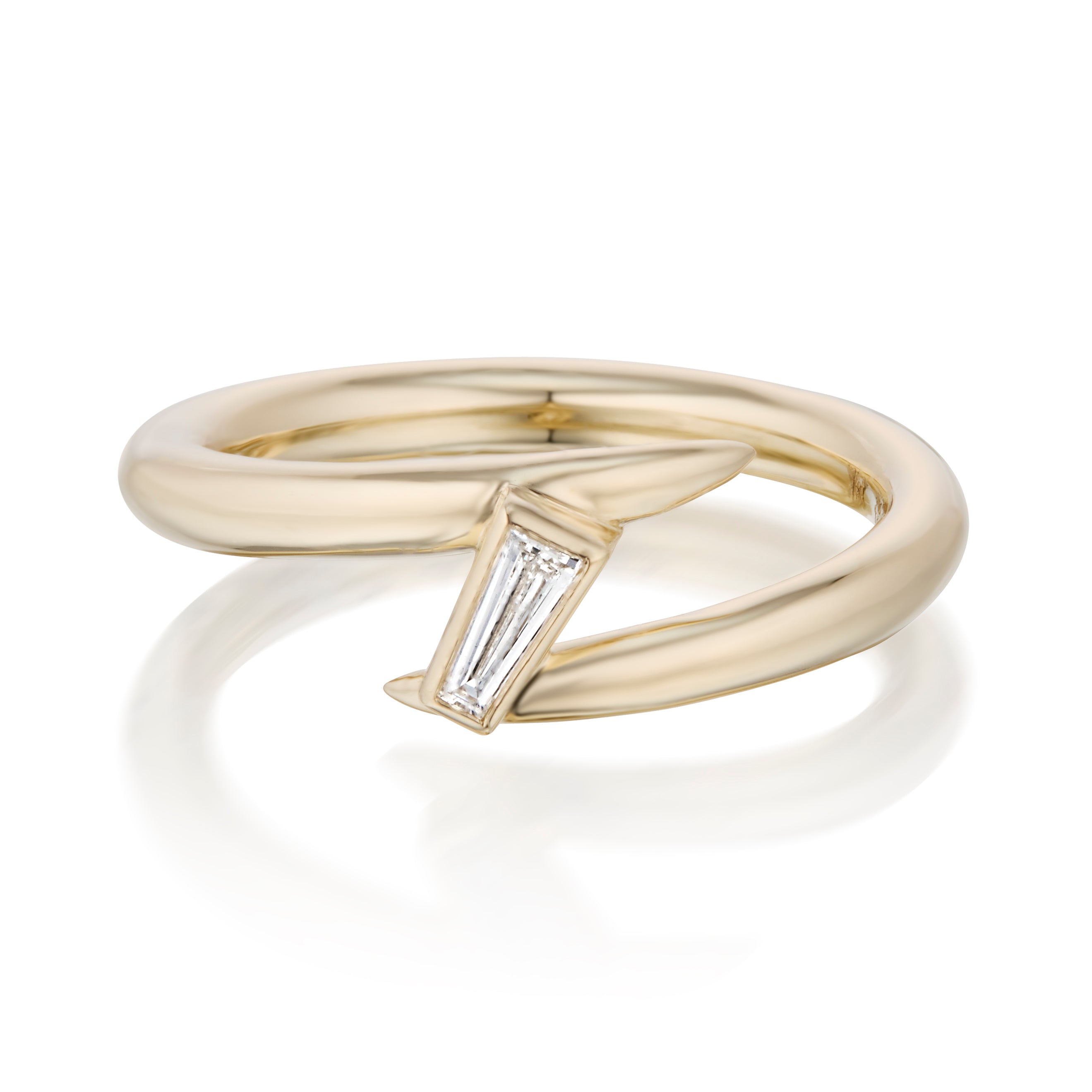 Vale Jewelry Swoop Tapered Baguette Cut White Diamond Bypass Ring Front View Yellow Gold
