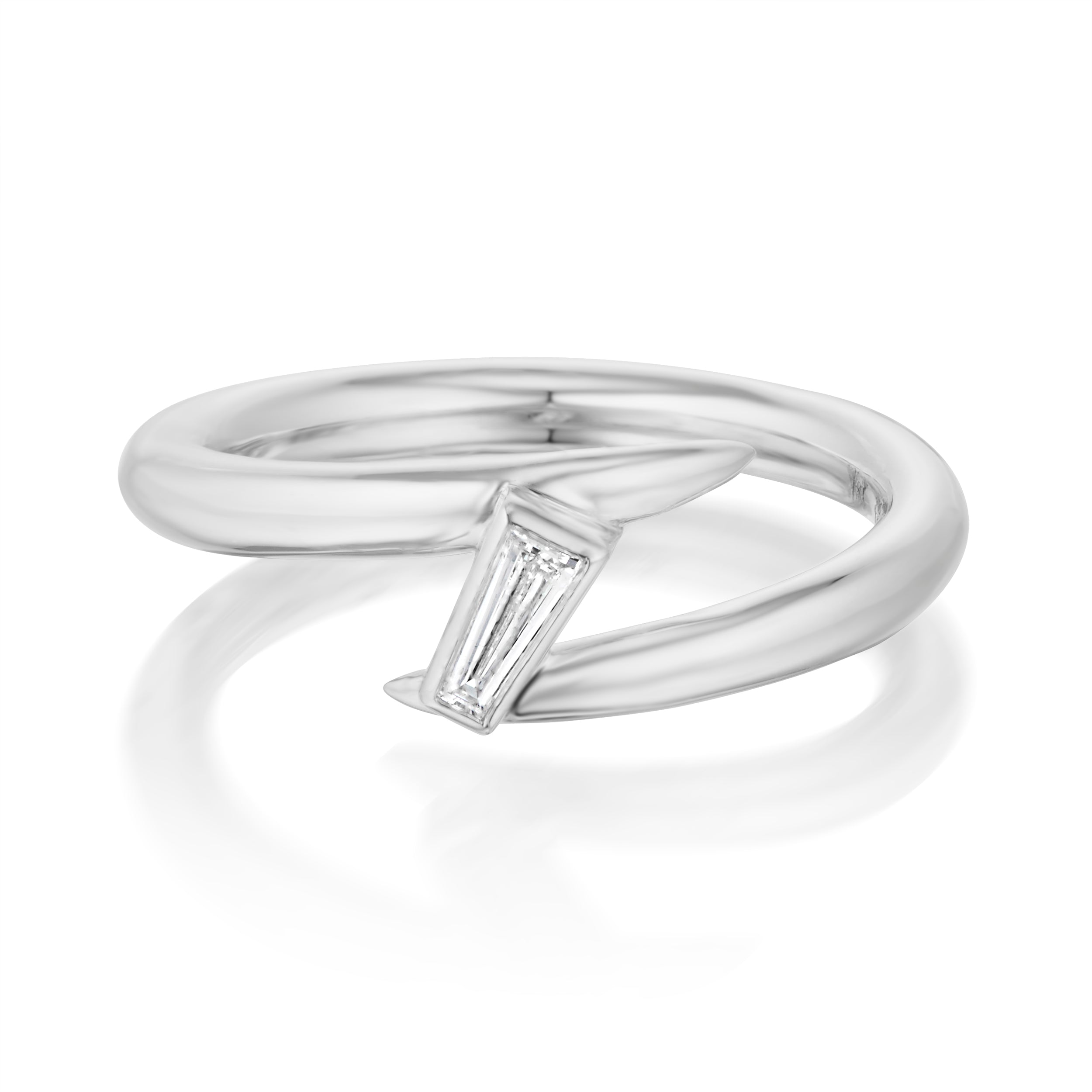 Vale Jewelry Swoop Tapered Baguette Cut White Diamond Bypass Ring Front View White Gold