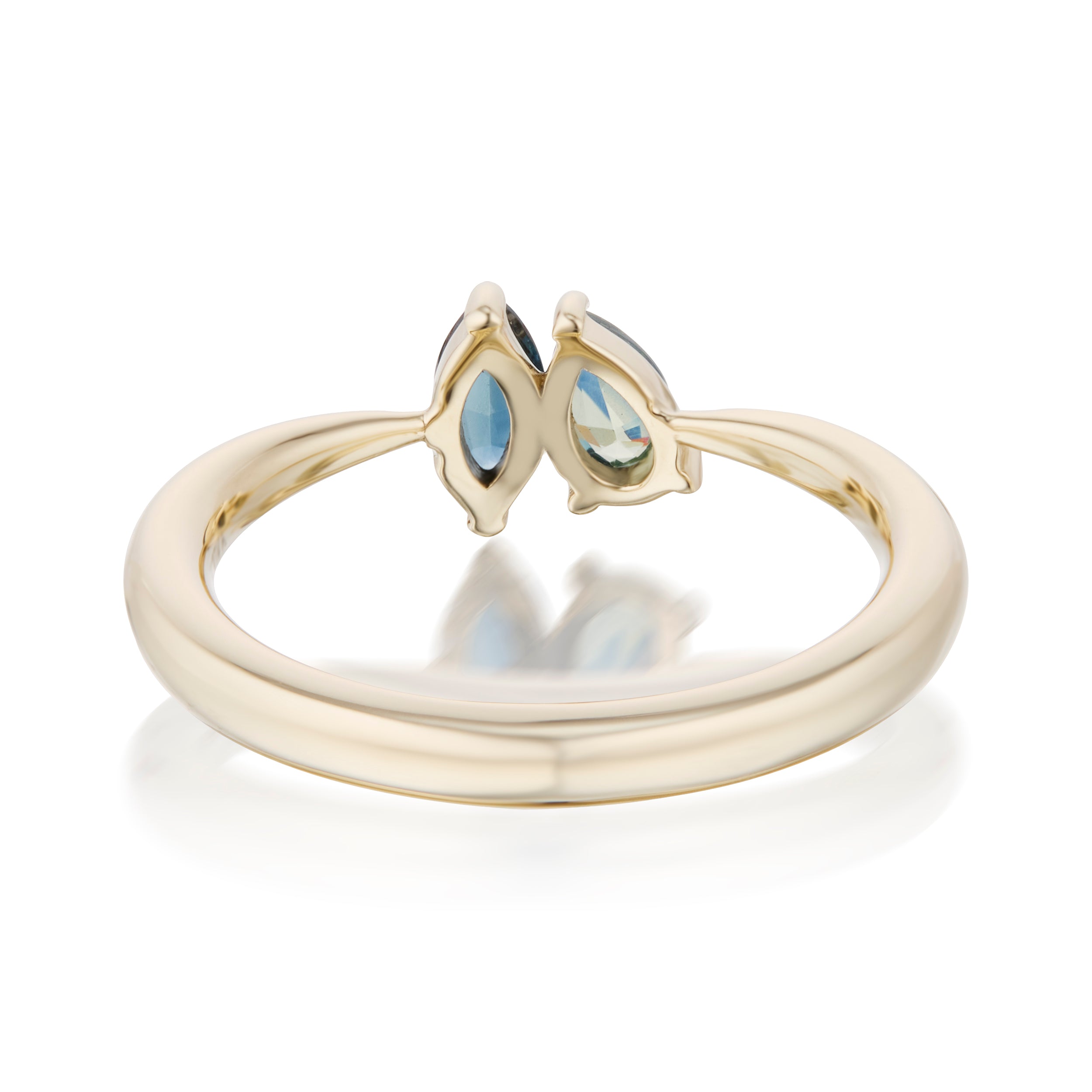 Vale Jewelry Swoop Pear Cut And Marquise Cut Parti Sapphire Toi Et Moi Ring Back View Yellow Gold