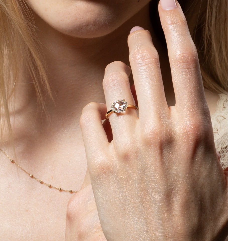 Vale Jewelry 1.43 Carat East-West Oval Rose Cut Diamond Ring with Hidden Halo on Hand Model