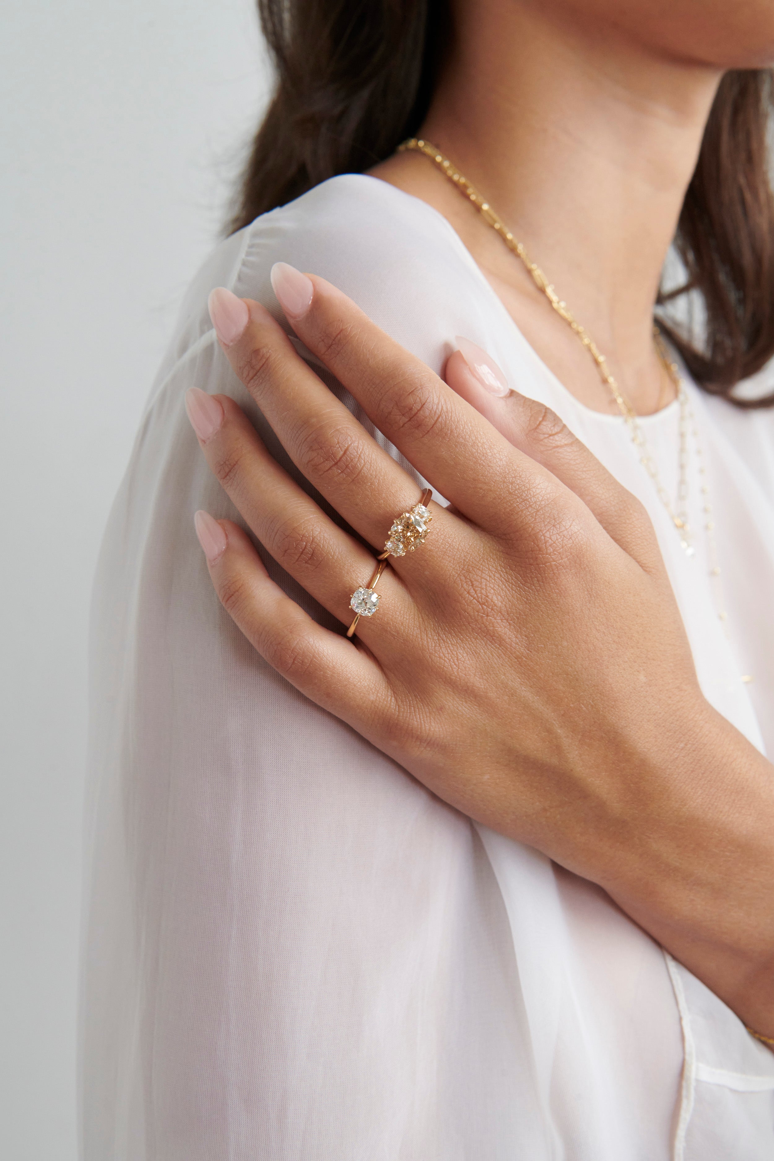 Close-up of Model Wearing 1.20 Carat Old Mine Cut Diamond Marlowe Ring