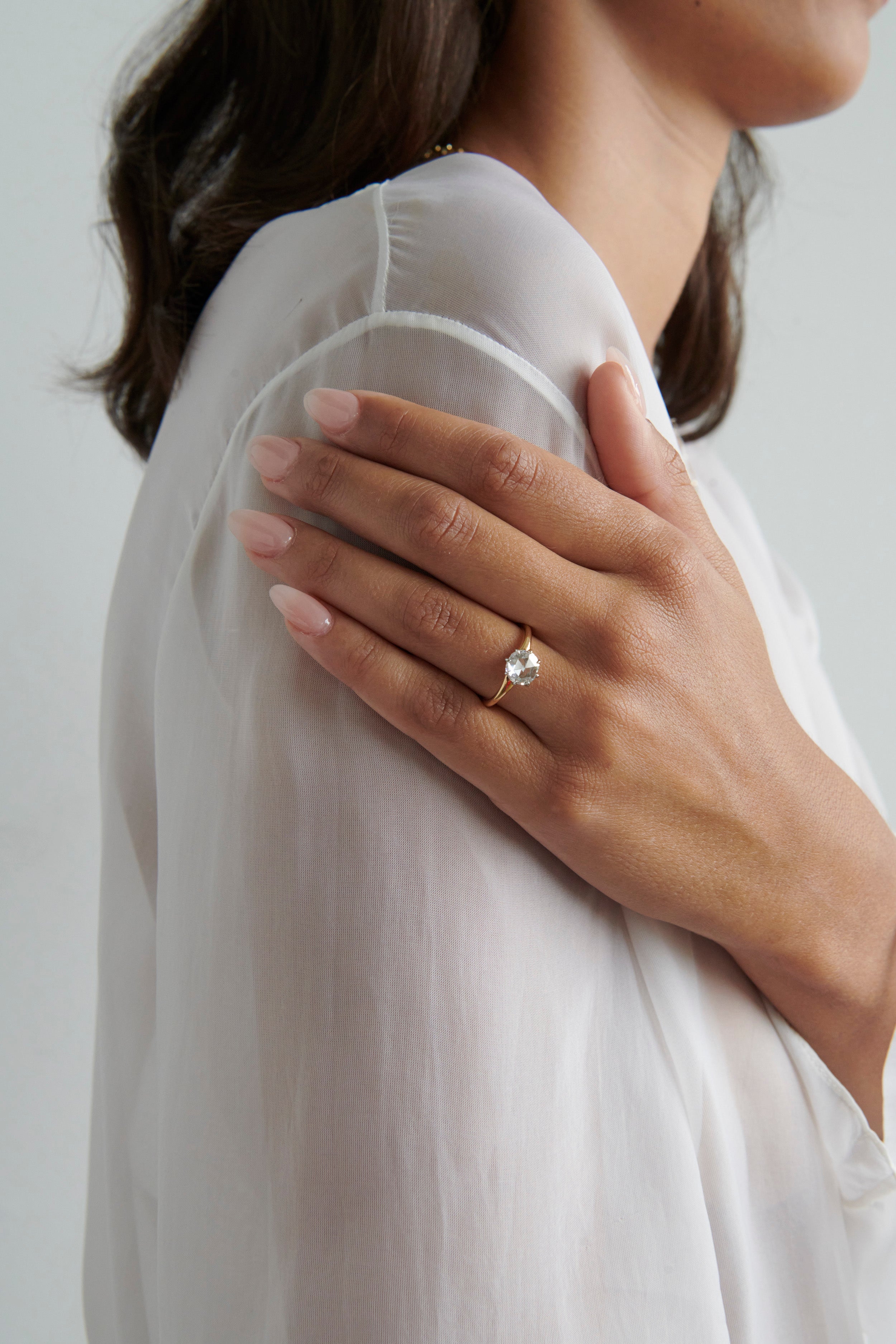 Close-up of Model Wearing 1.35 Carat Round Rose Cut Diamond Violaine Ring
