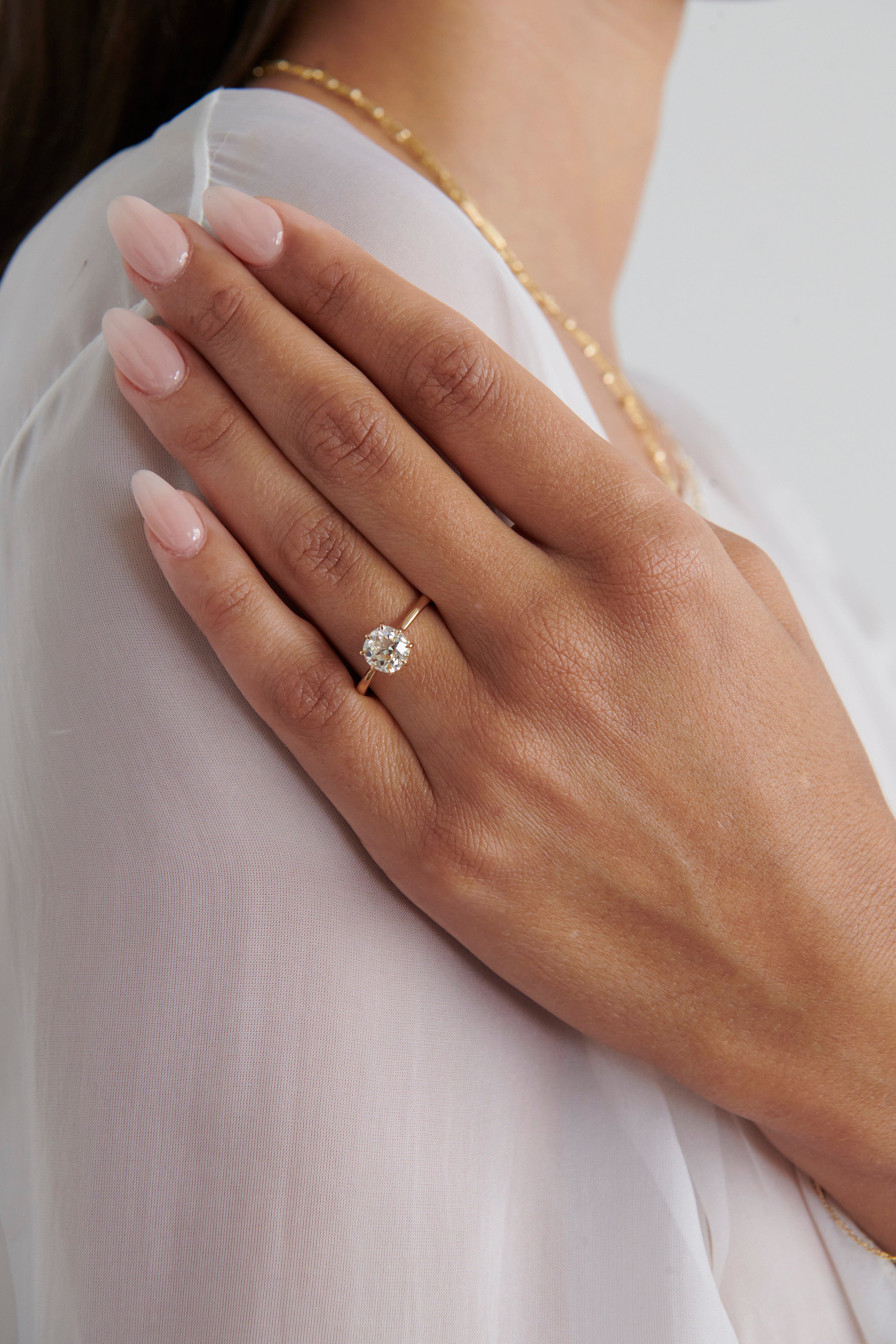 Close-up of Model Wearing Vale Jewelry 1.70 Carat Old European Cut Diamond Marlowe Ring