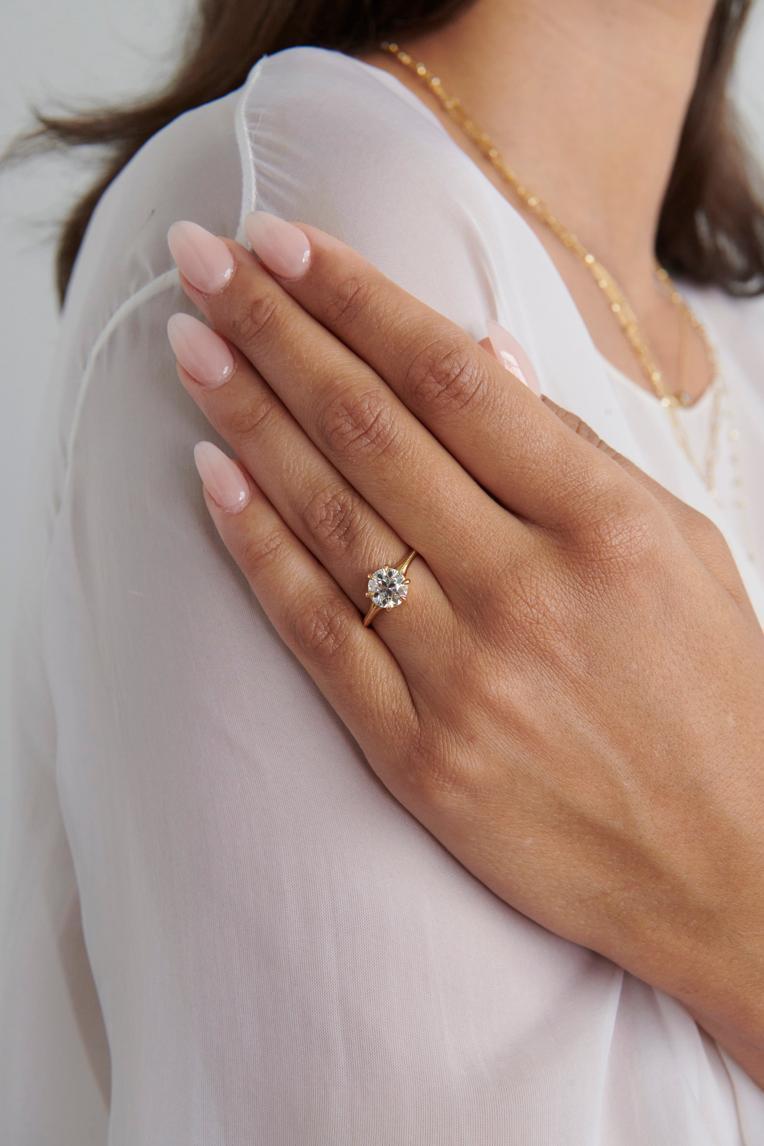 Close-up of Model Wearing 1.75 Carat Old European Cut Diamond Delilah Ring