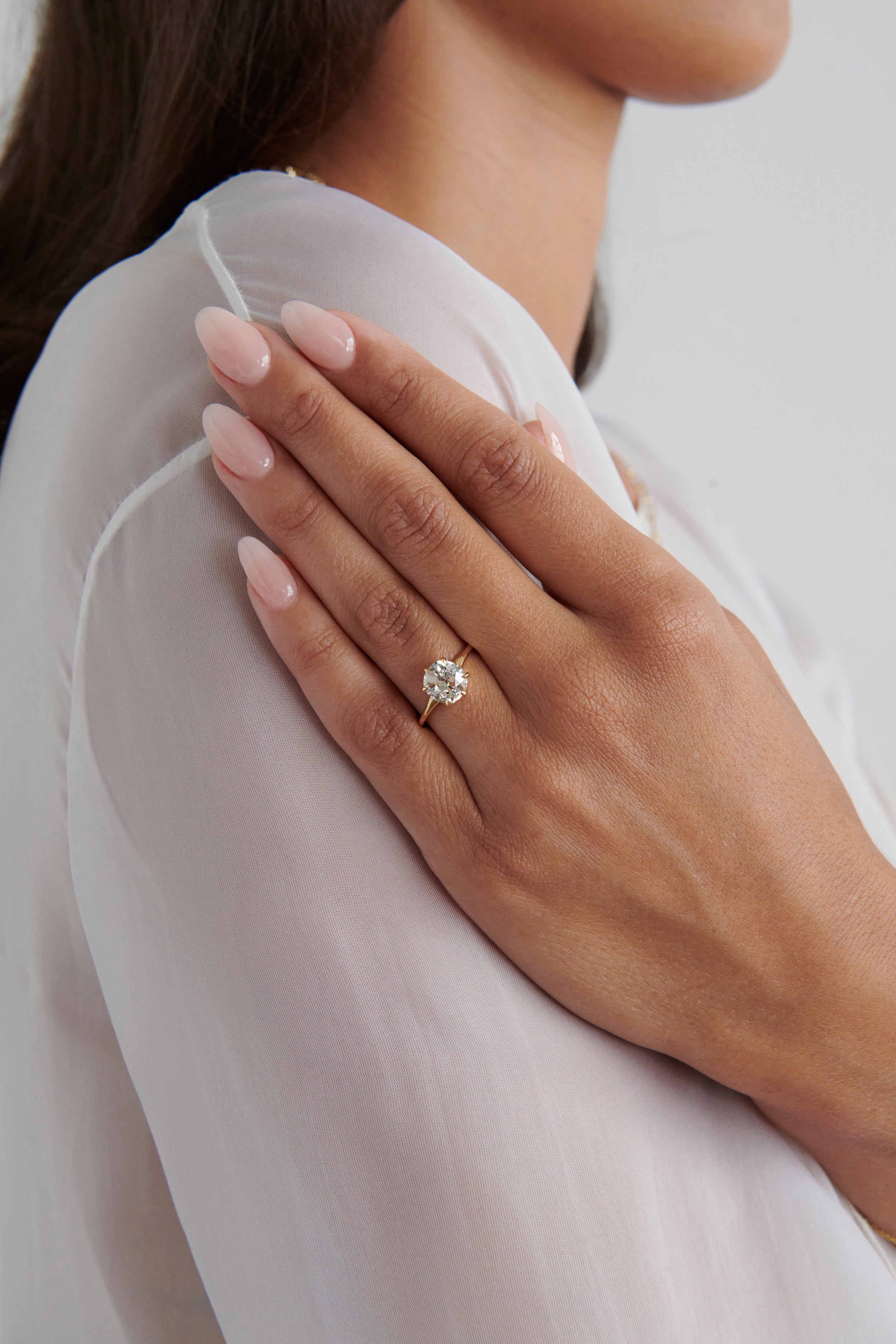 Close-up of Model Wearing Vale Jewelry 2.27 Carat Old Mine Cut Diamond Delaney Ring