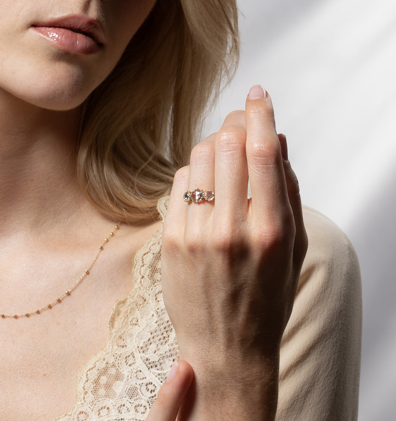 Vale Jewelry 3-Stone Round Rose Cur Diamond Ring on Hand Model