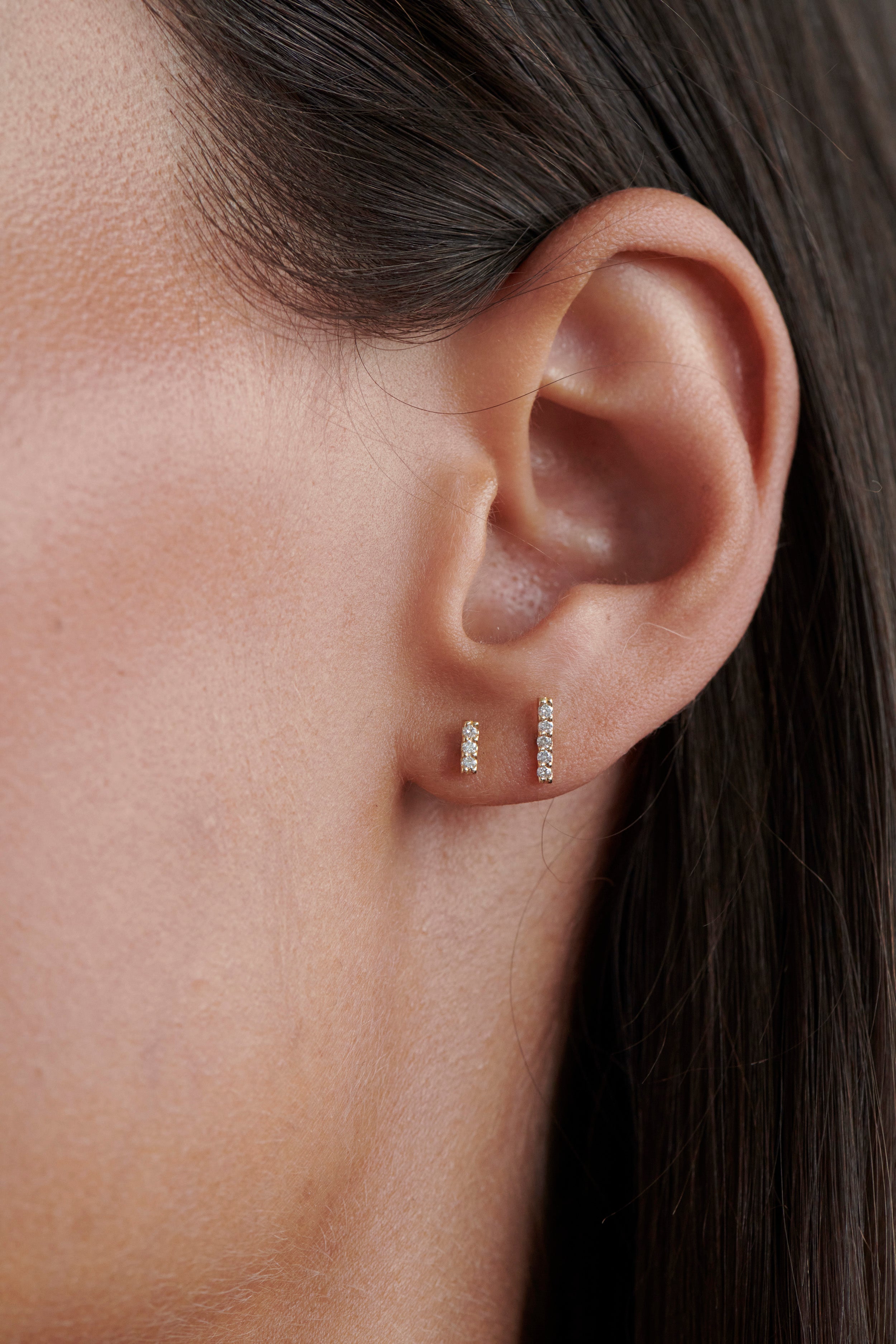 Model Wearing Vale Jewelry 5-Diamond Bar Earrings with 3-Diamond Bar Earrings