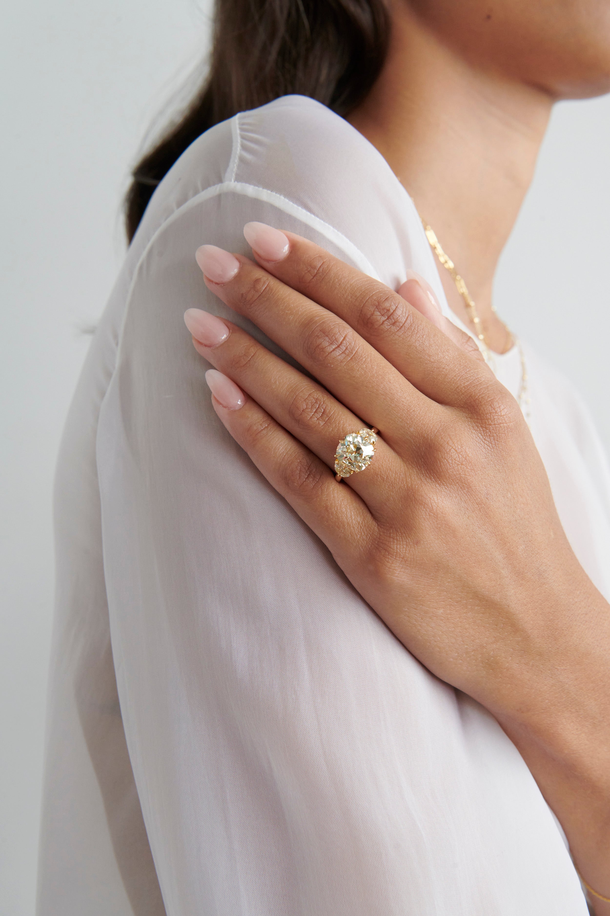 Close-up of Model Wearing Vale Jewelry 5.37 Carat Old Mine Cut Diamond Ring