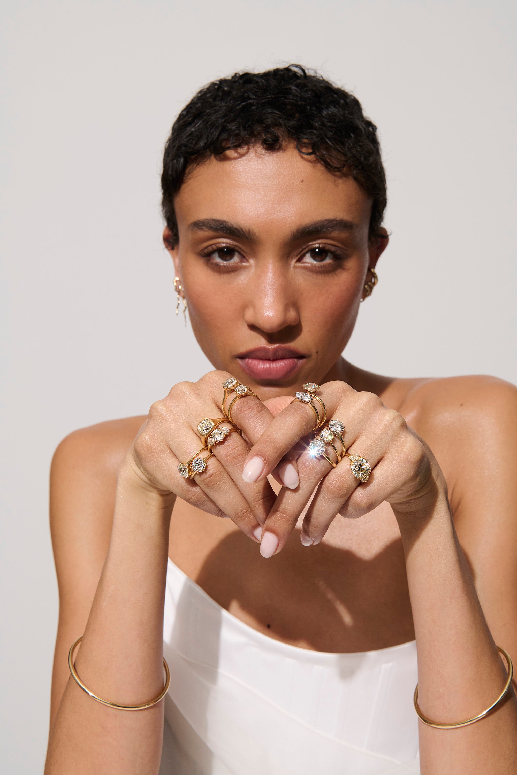 Close-up of Model Wearing Vale Jewelry 5.37 Carat Old Mine Cut Diamond Frances Ring