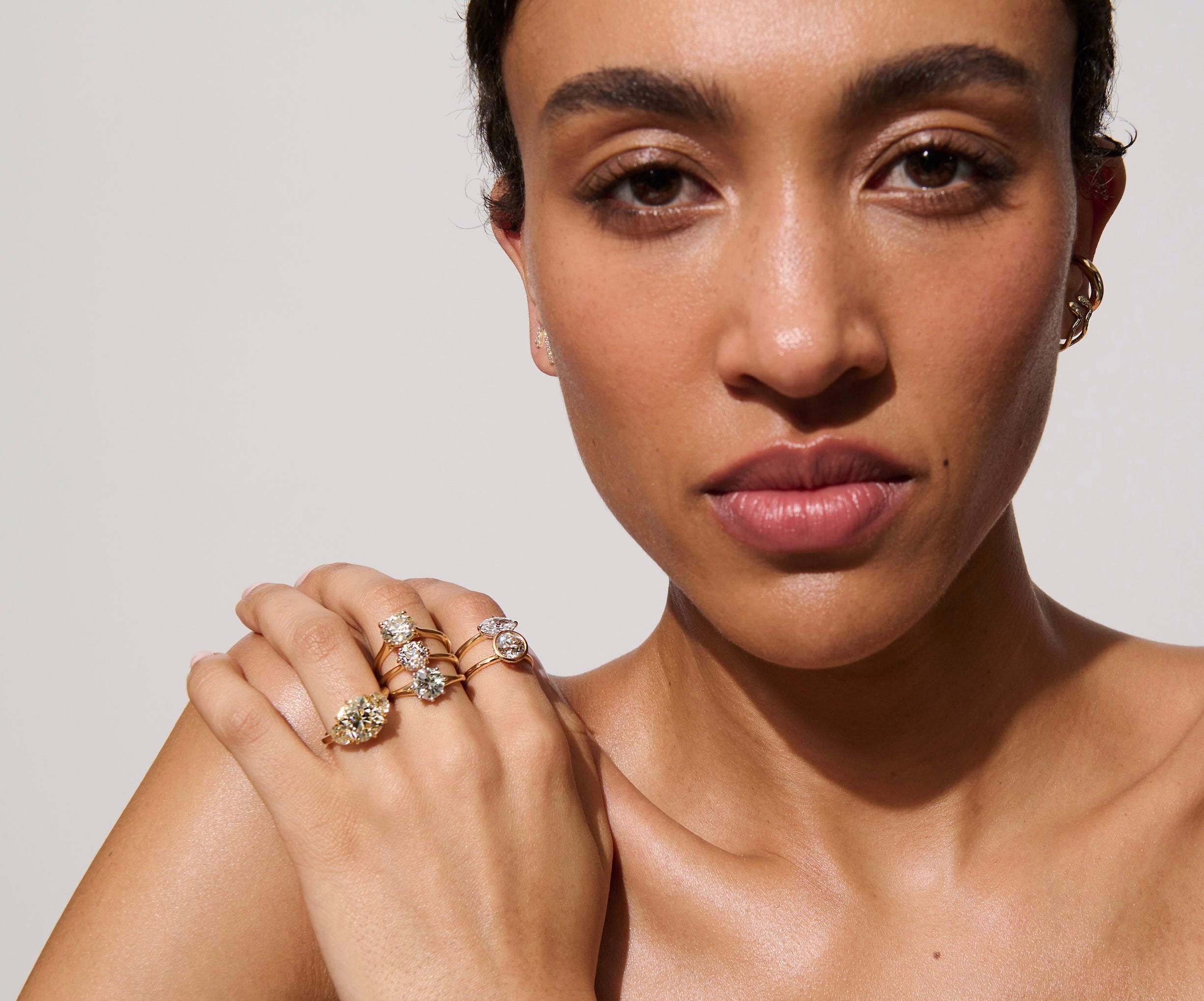 Close-up of Model Wearing Vale Jewelry 5.37 Carat Old Mine Cut Diamond Frances Ring