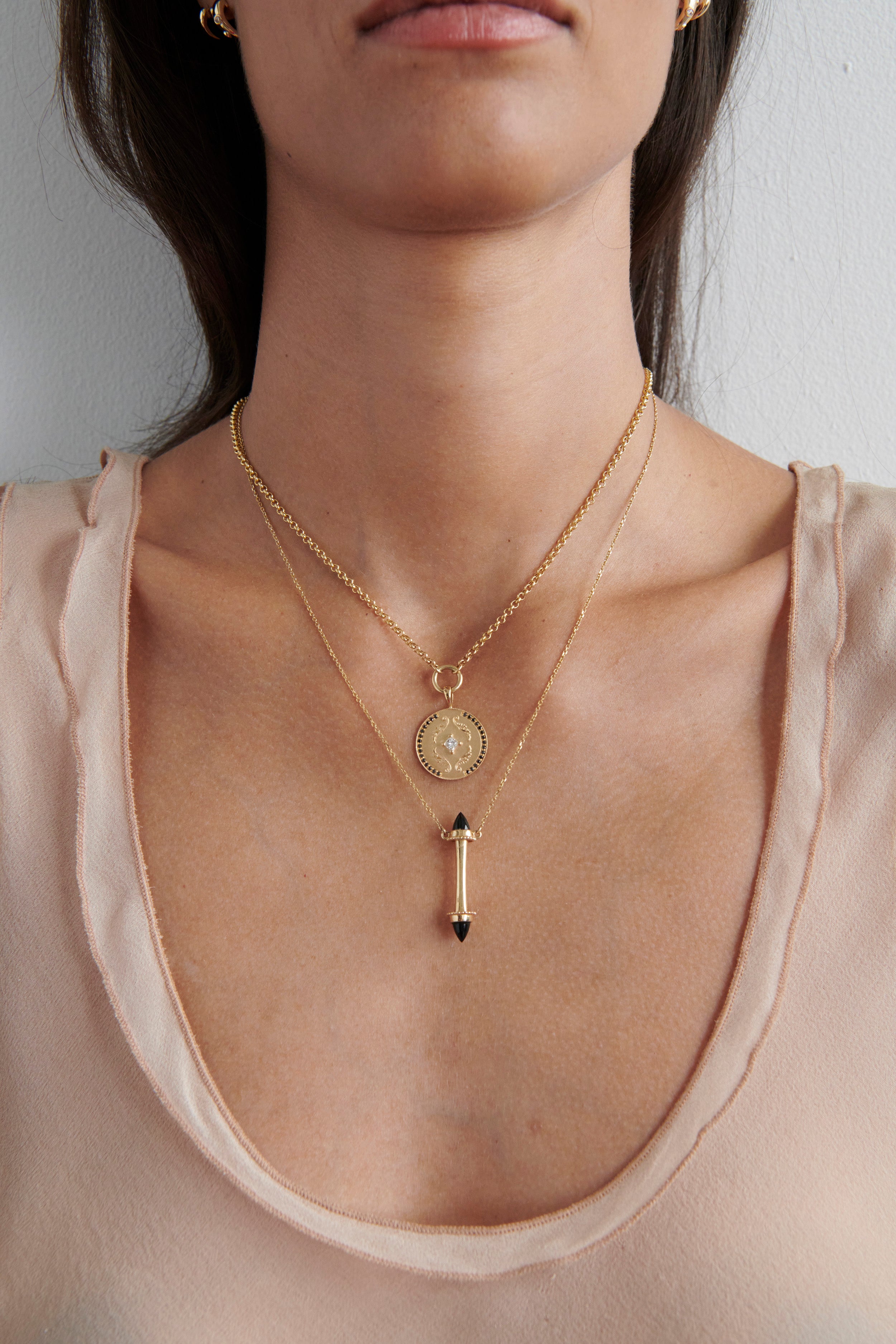 Model Wearing Vale-Jewelry Callie Necklace with Amphora Scroll Necklace with Black Onyx
