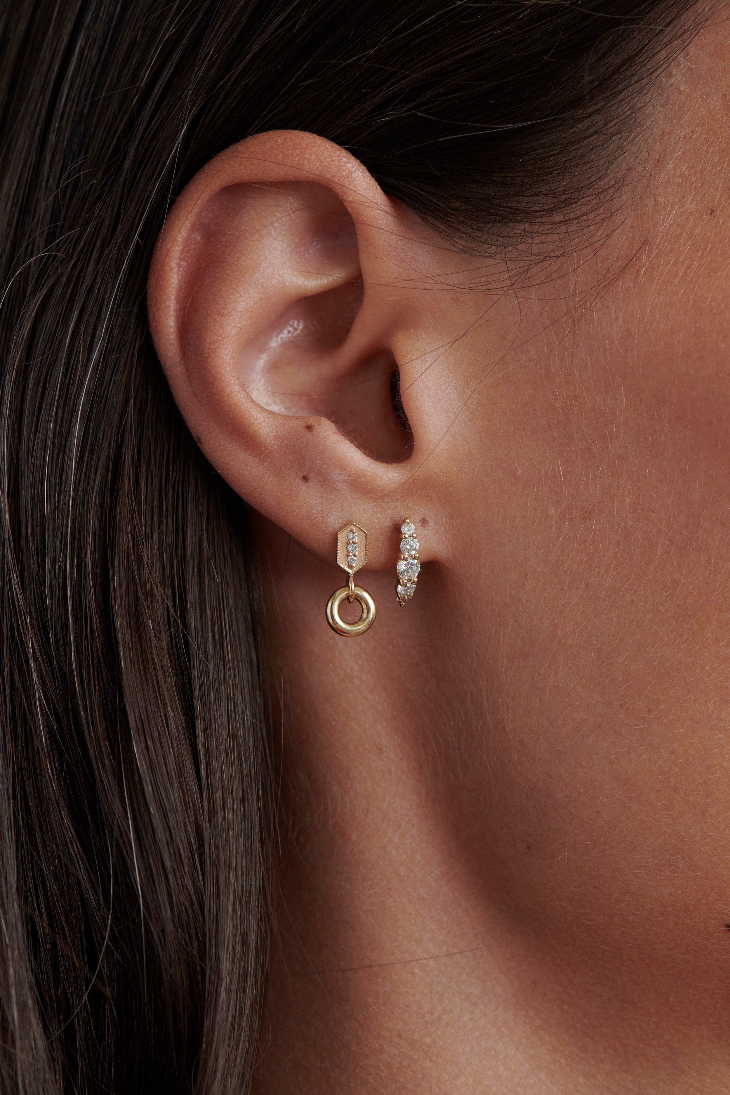 Alt="Vale Jewelry Belle du Jour Earrings with Diamonds and Verrine Door Knocker Earrings worn on models ears close up"