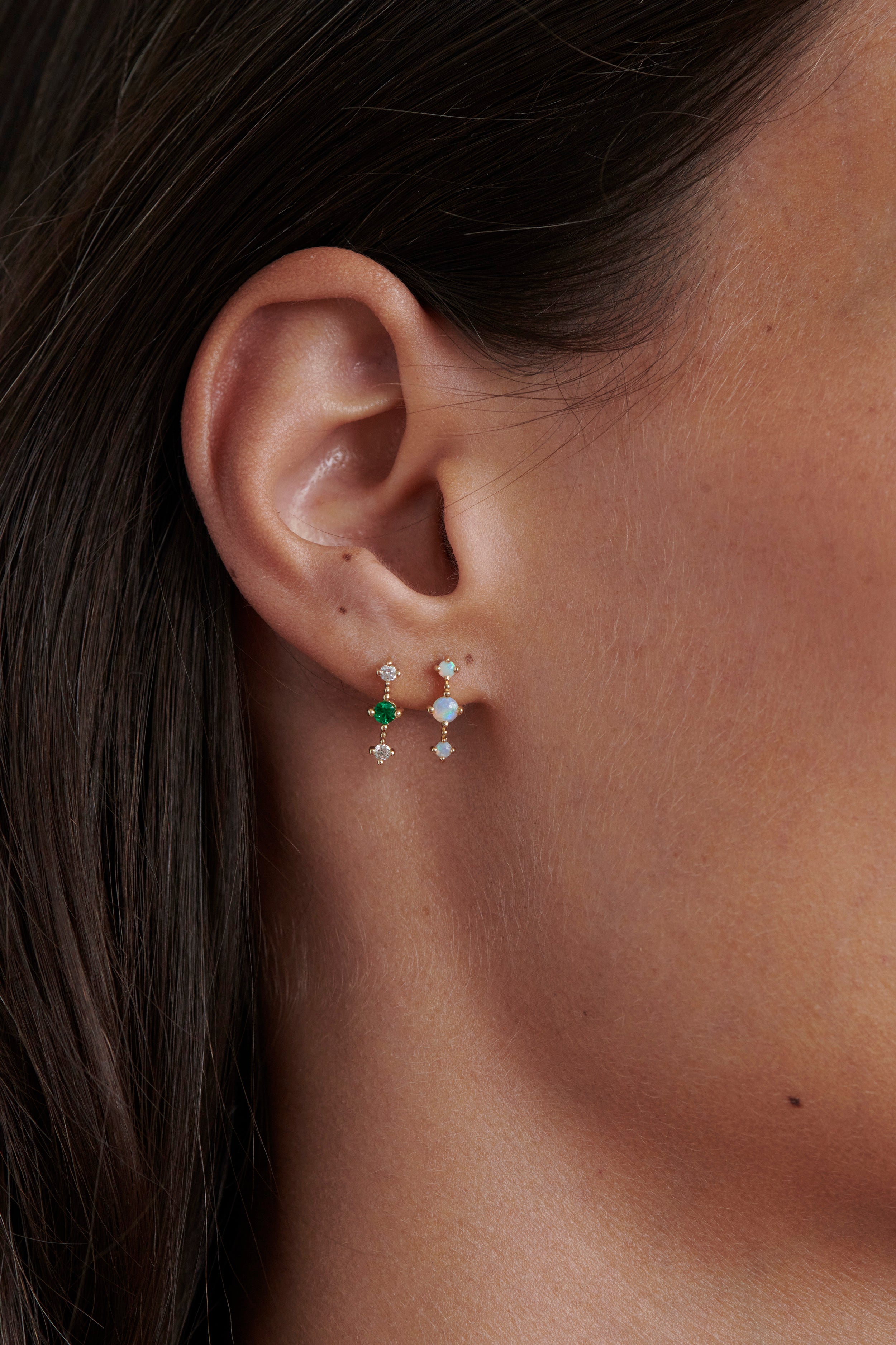 Close-up of Model Wearing Vale Jewelry Celeste Earrings with Opals