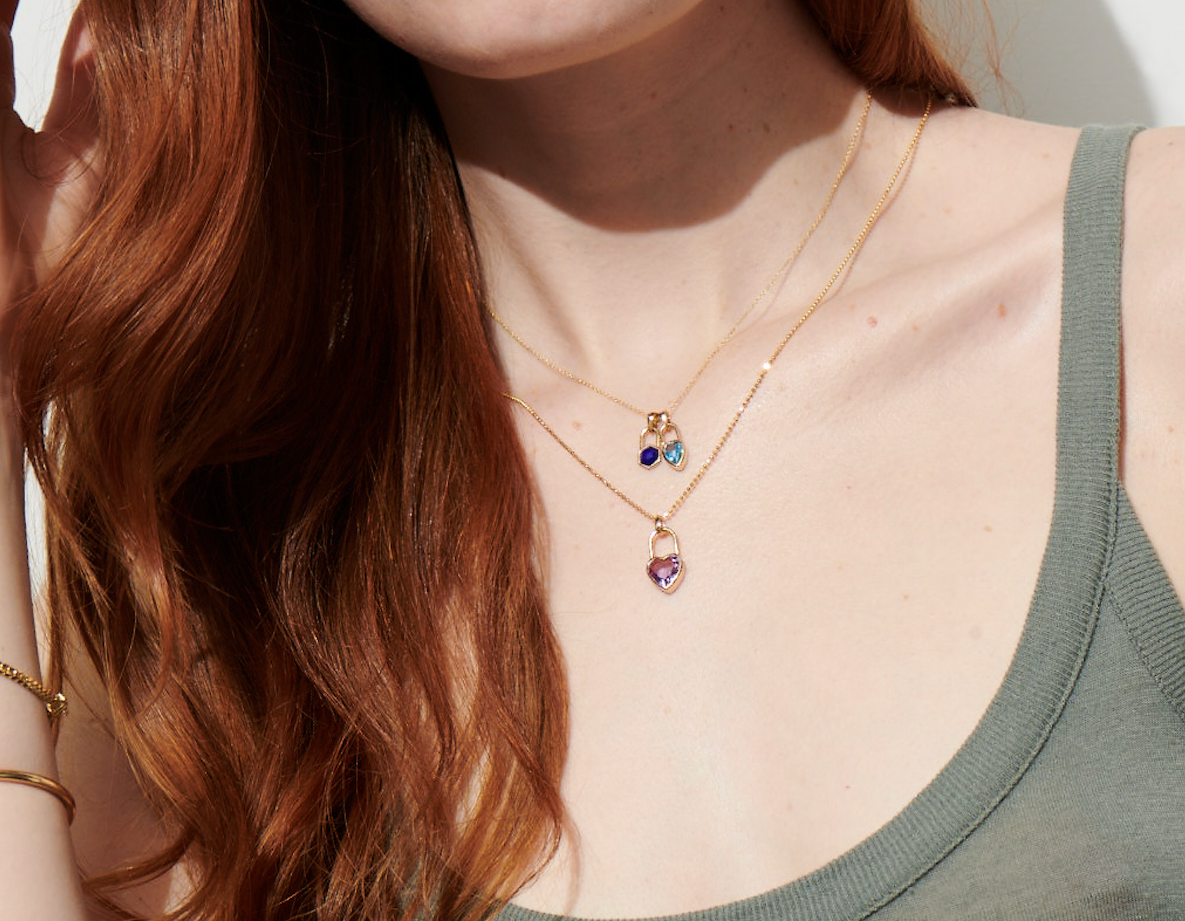 Vale Jewelry Faceted Bead Chain Necklace with Heart Lock on Model