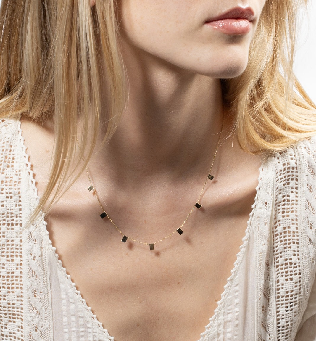Vale Jewelry Flat Keys Necklace on Model 1
