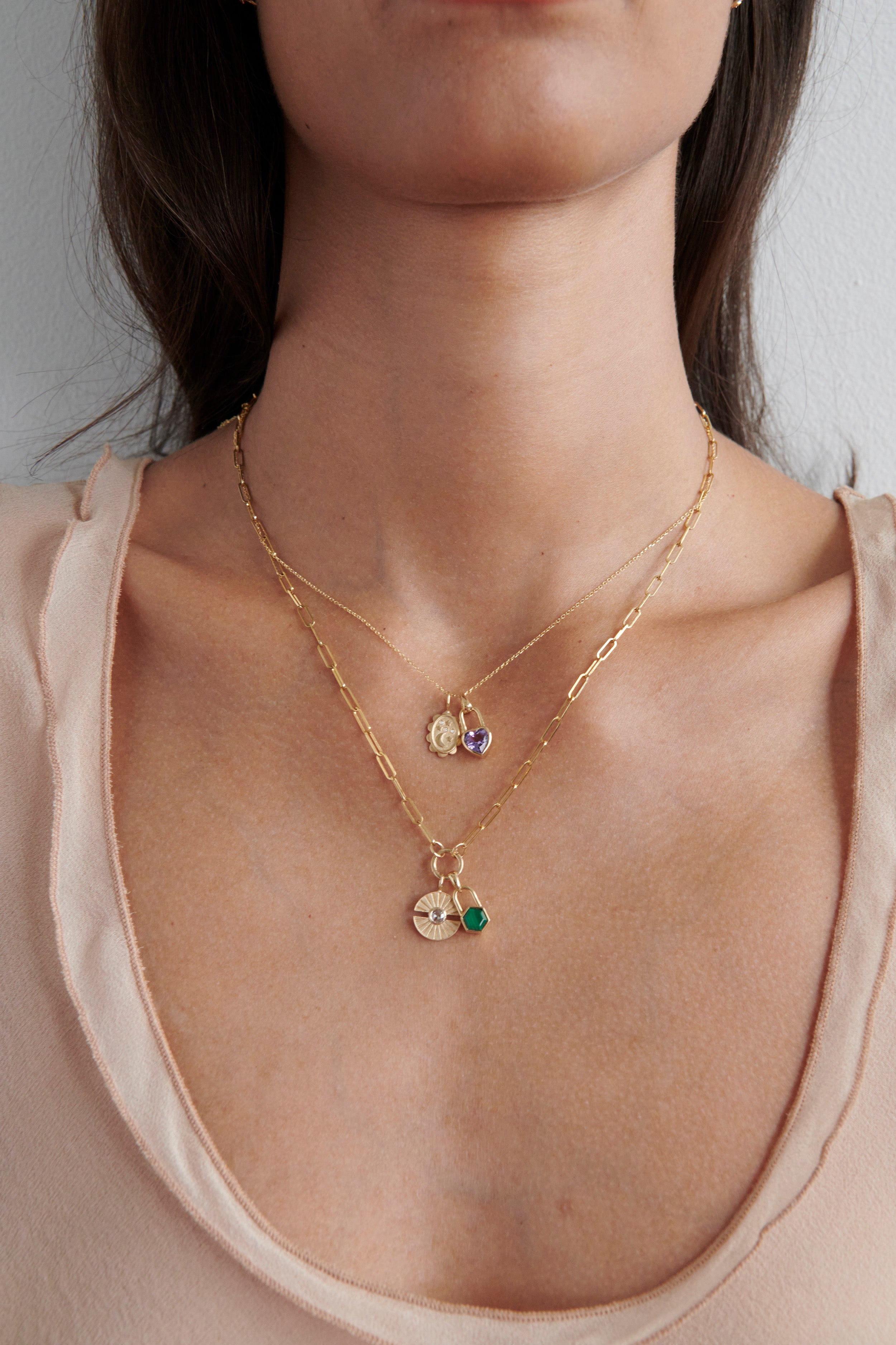 Close-up of Model Wearing Vale Jewelry Heart Lock Amethyst Necklace