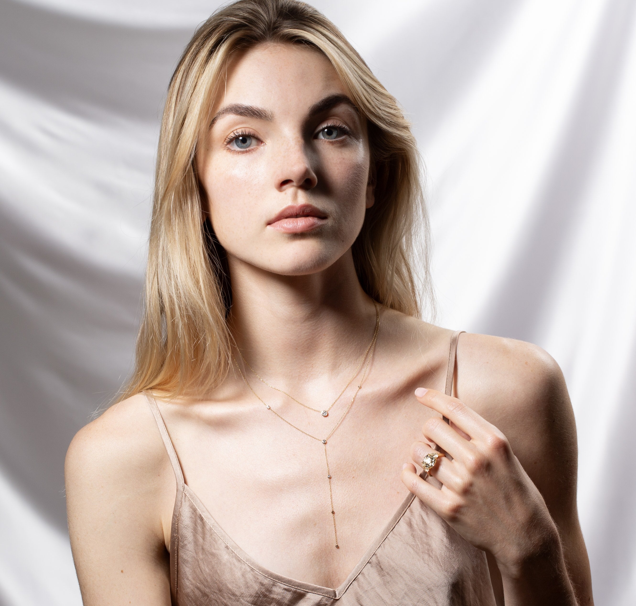 Vale Jewelry Josephine Y Necklace on Model in Studio with Barely-There Diamond Necklace
