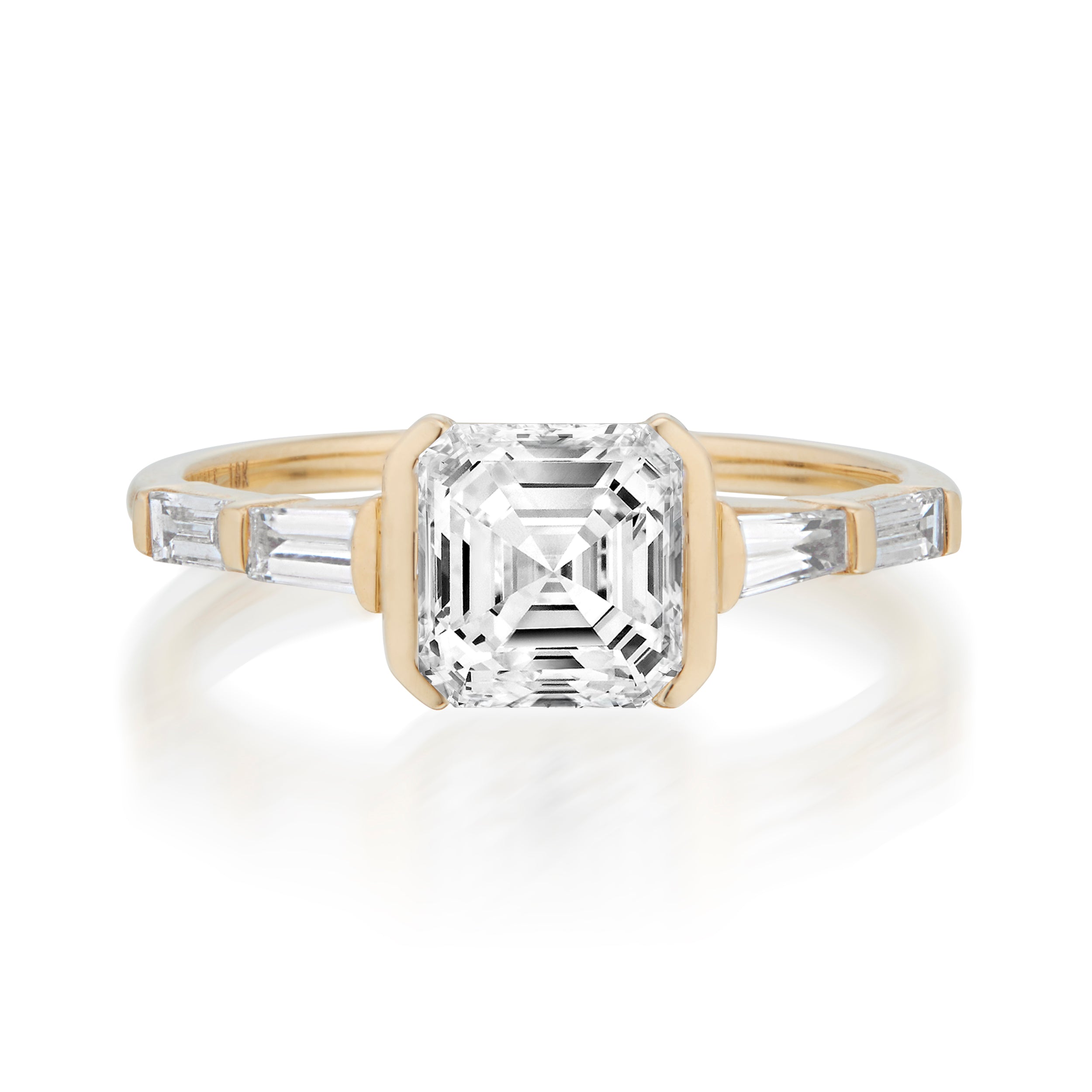 Vale Jewelry Maxwell Ring with Asscher Cut White Diamonds in Yellow Gold Front View