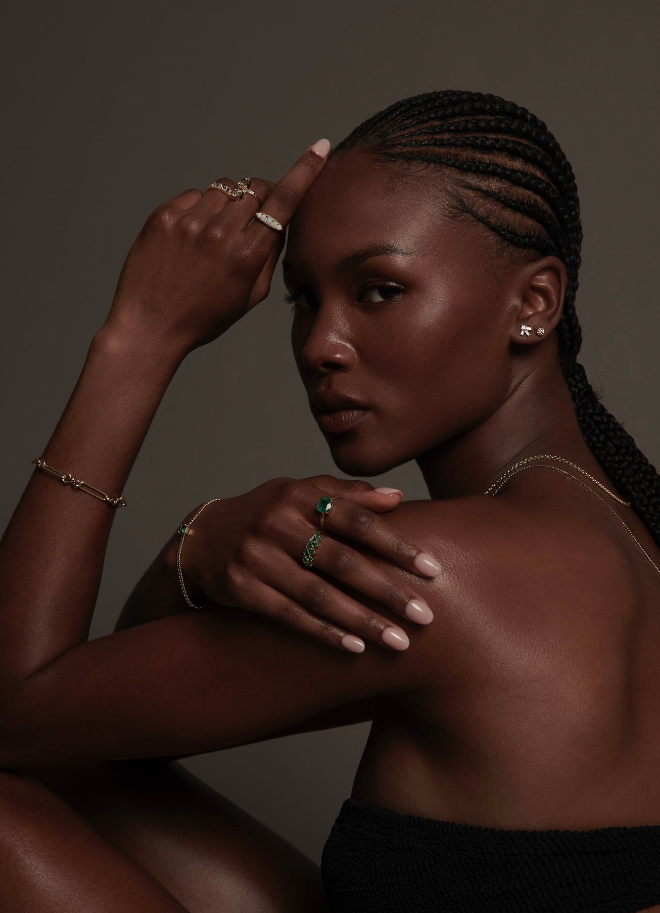 Model Wearing Vale Jewelry Nadine Ring with Green Emeralds