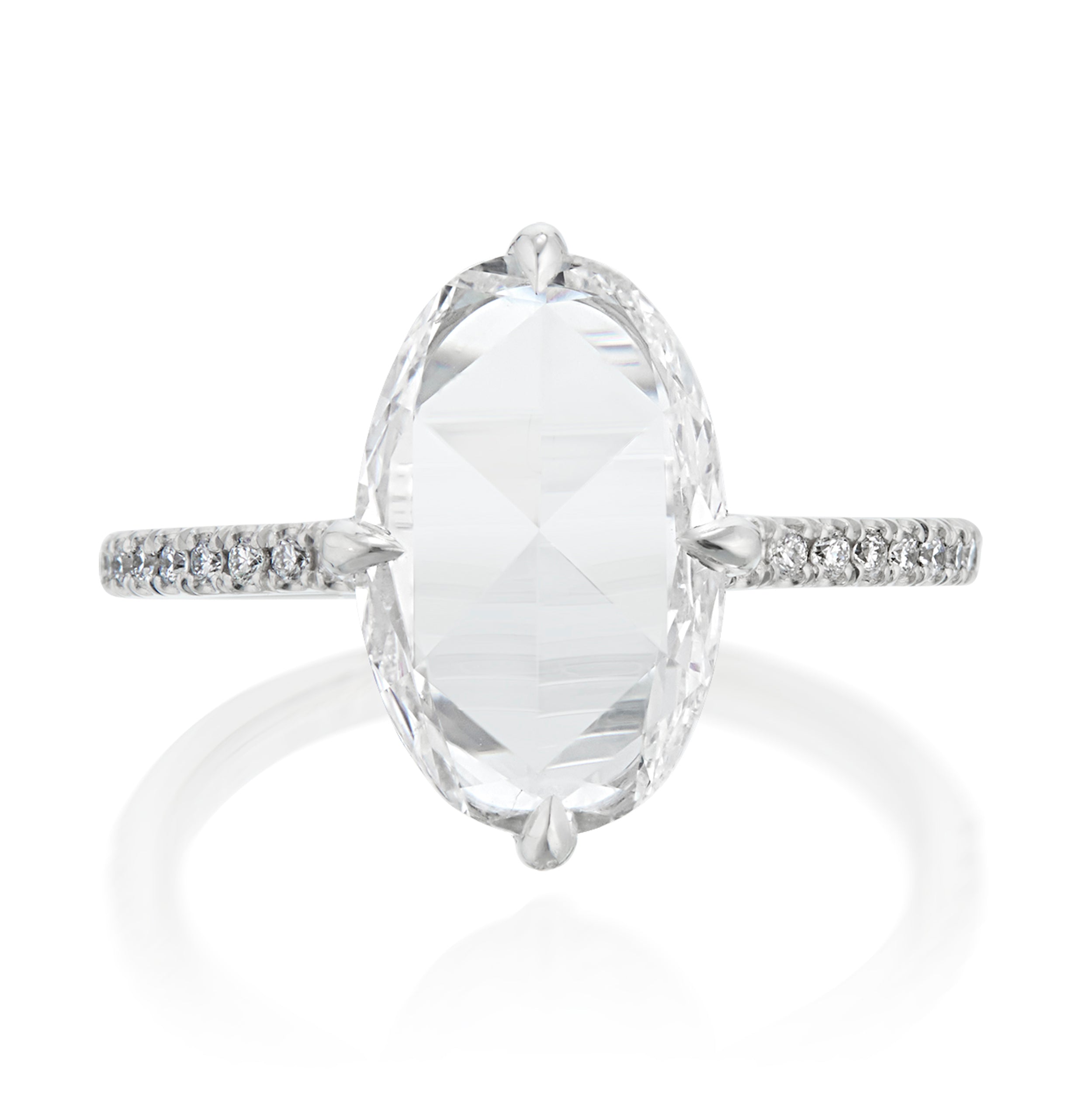 Vale Jewelry OOAK 1.88 Carat Oval Rose Cut Diamond Ring with Hidden Halo Platinum Front