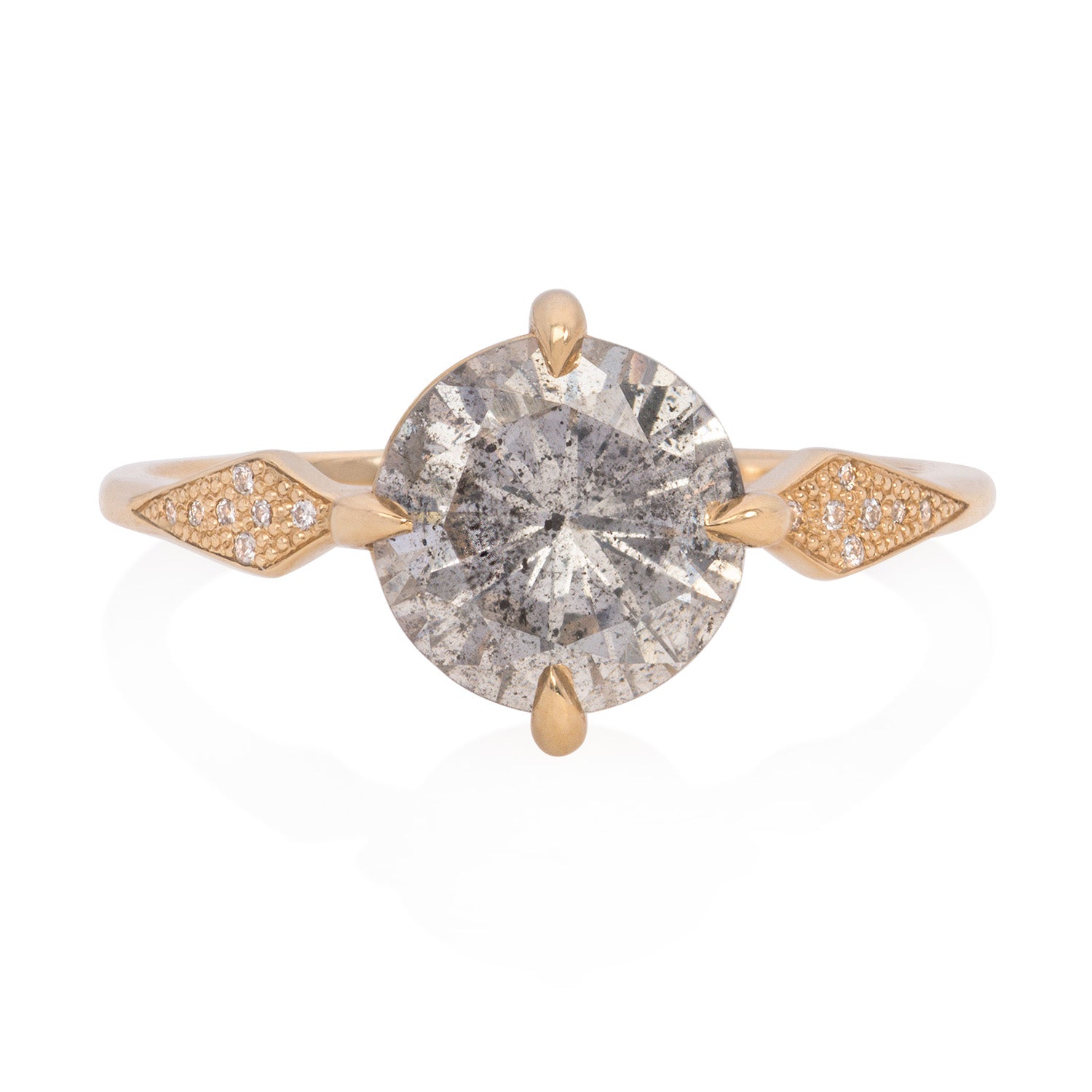 Vale Jewelry OOAK Annika Ring with Salt & Pepper Brilliant Cut Diamond and White Diamond Pavé in 14 Karat Yellow Gold Front View