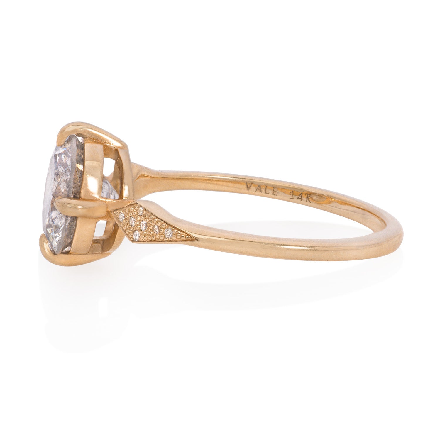 Vale Jewelry OOAK Annika Ring with Salt & Pepper Brilliant Cut Diamond and White Diamond Pavé in 14 Karat Yellow Gold Side View