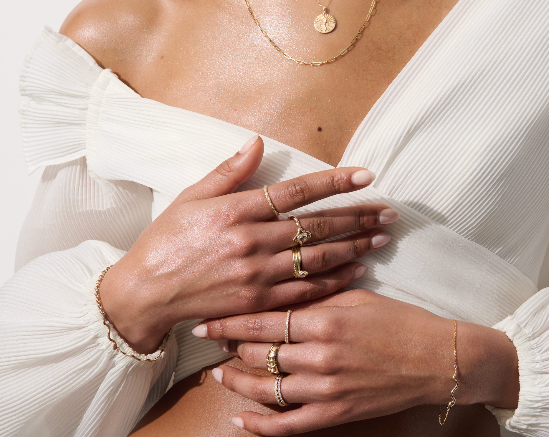 Model Wearing Vale Jewelry Eternity Dew Ring with White Diamonds