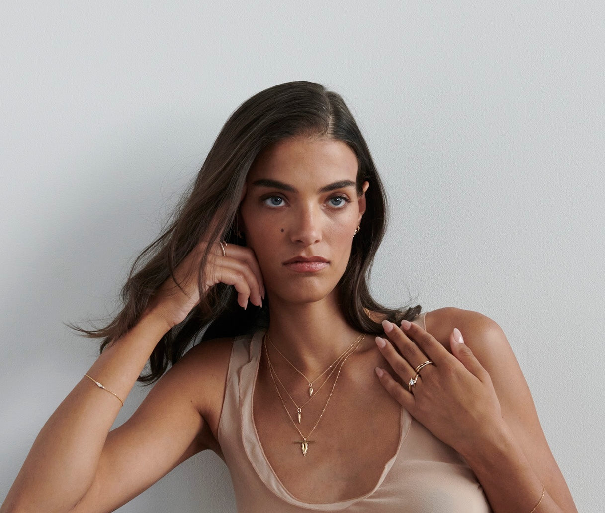 Model Wearing Vale Jewelry Swoop Diamond Accent Line Necklace
