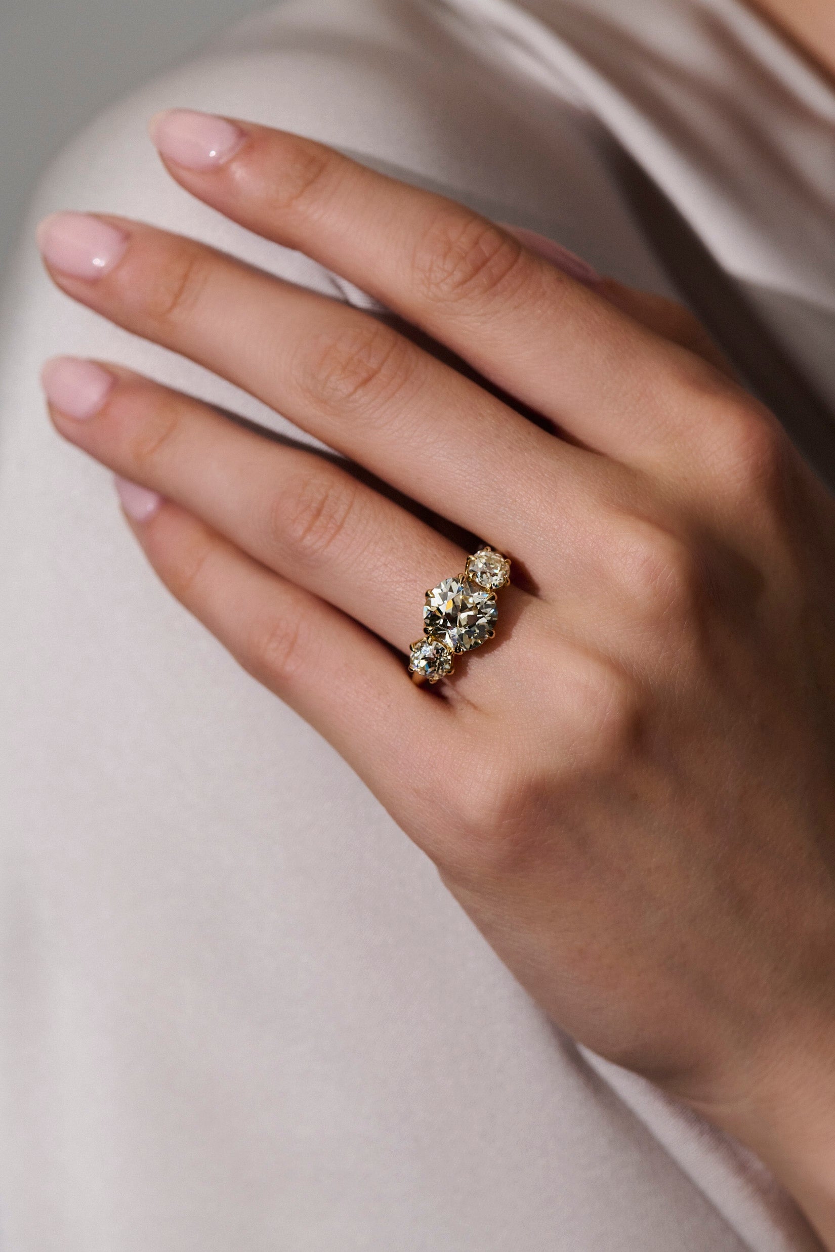 Vale Jewelry 3-Stone 3.10 Carat Old Mine Cut Diamond Ellis Ring on Hand Model