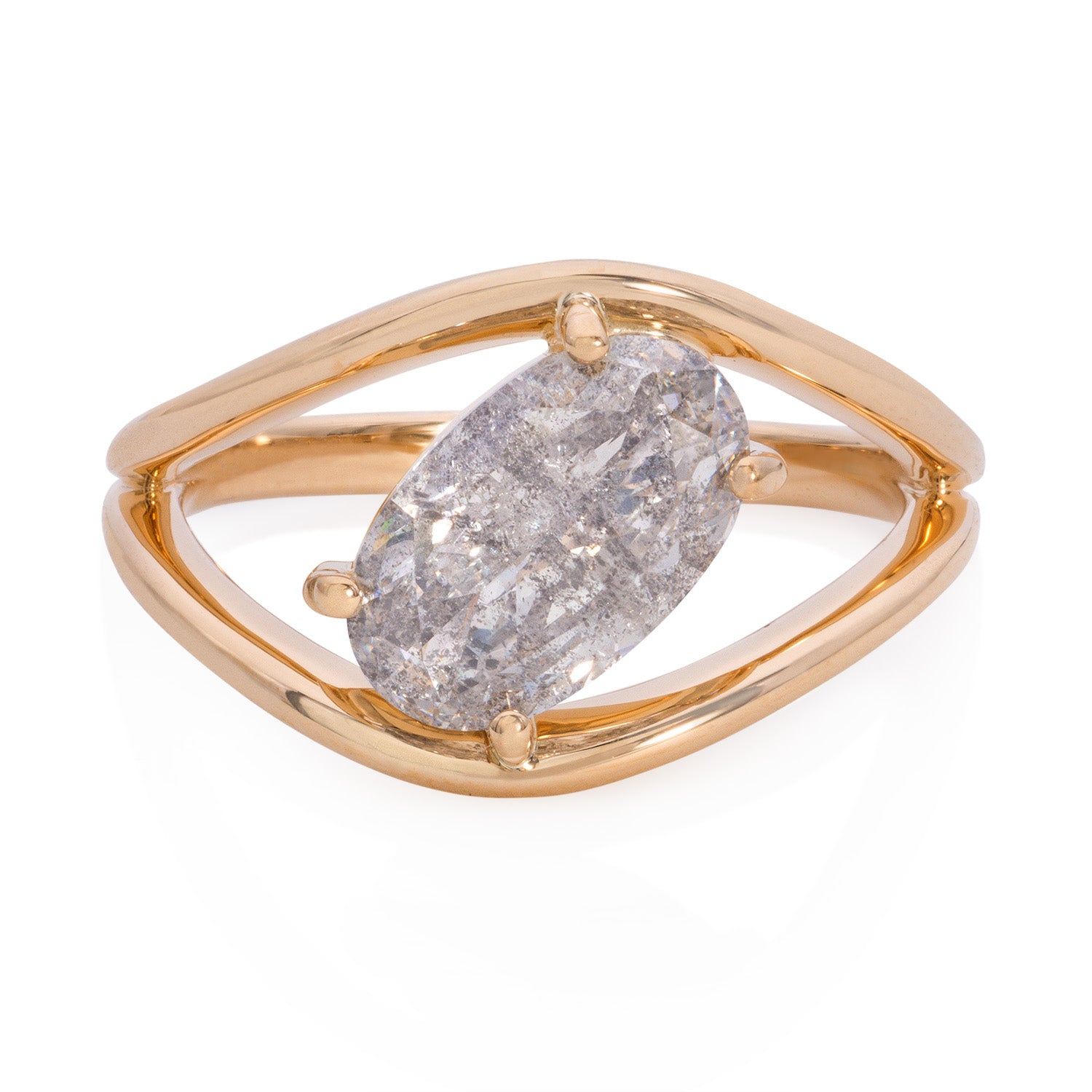 Vale Jewelry OOAK Loop Ring with Oval Salt and Pepper Diamond Yellow Gold Front View