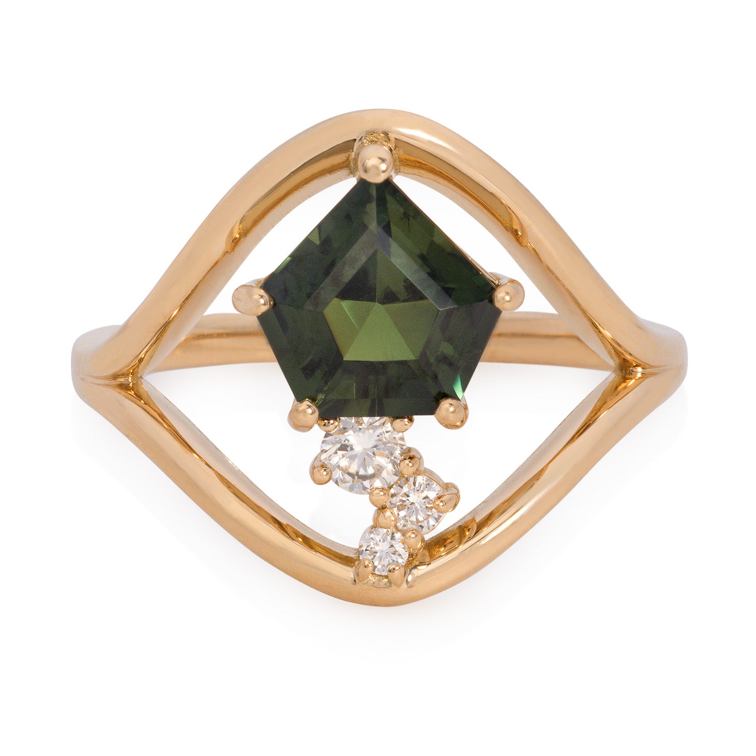 Vale Jewelry One of a Kind Loop Ring with Pentagon Sapphire & Diamonds in Yellow Gold Front View