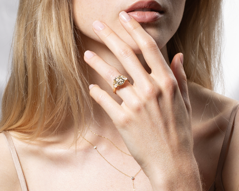 Close-up of Model Wearing Vale Jewelry 5.37 Carat Old Mine Cut Diamond Frances Ring