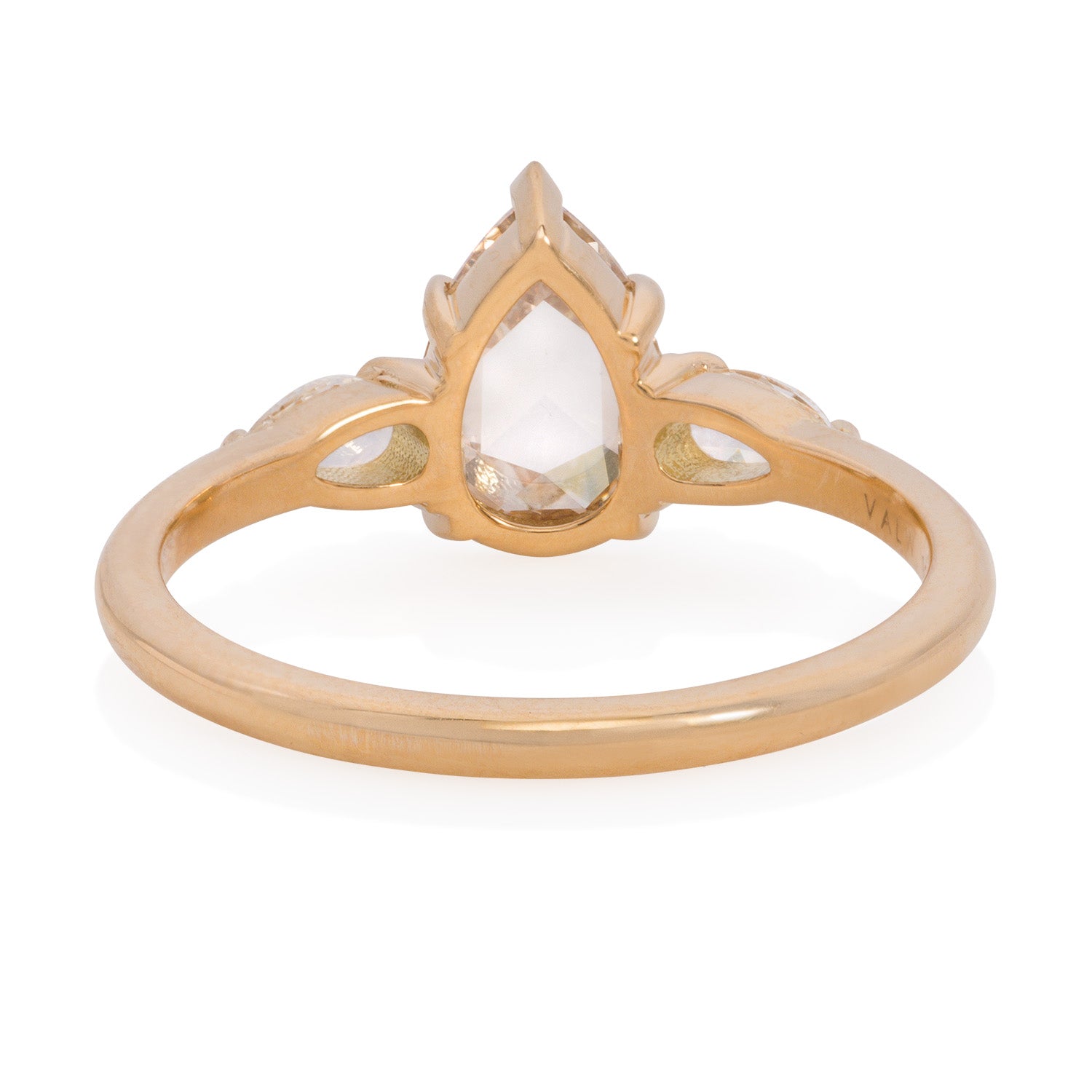 Vale Jewelry one of a kind Champagne 3-Pear Rose Cut Diamond Ring in yellow gold back view
