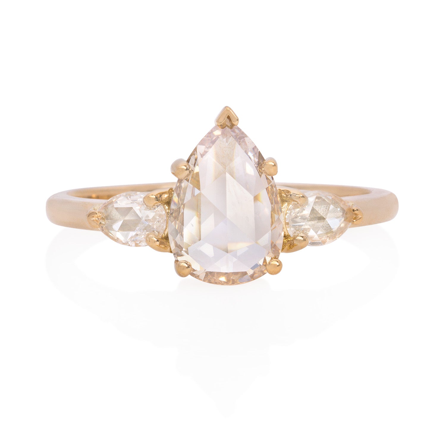 Vale Jewelry one of a kind Champagne 3-Pear Rose Cut Diamond Ring in yellow gold front view