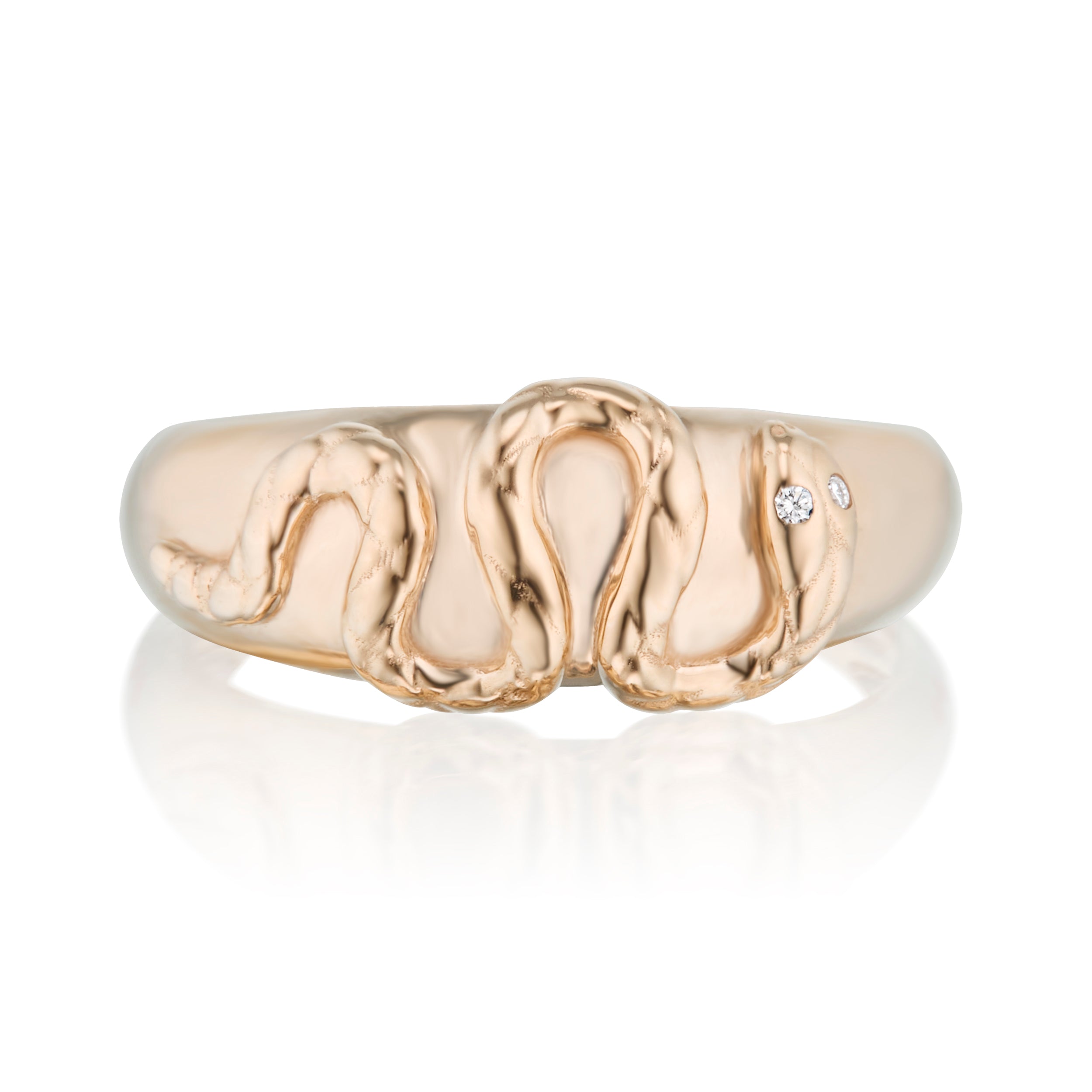 Alt="Vale Jewelry rose gold domed ring with a serpent on the front"
