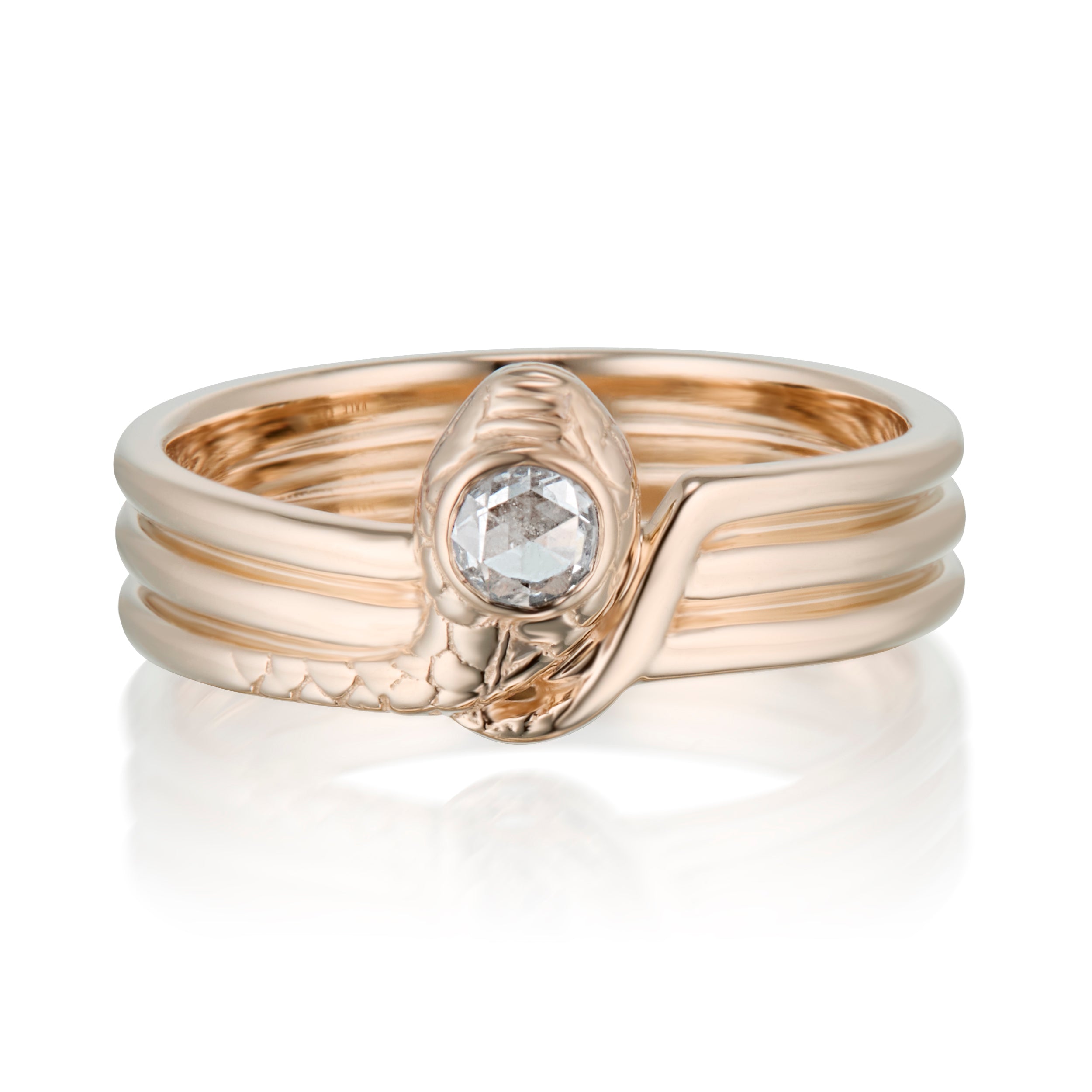 Alt="Vale Jewelry rose Gold double serpent wrap ring with rose cut white diamond"