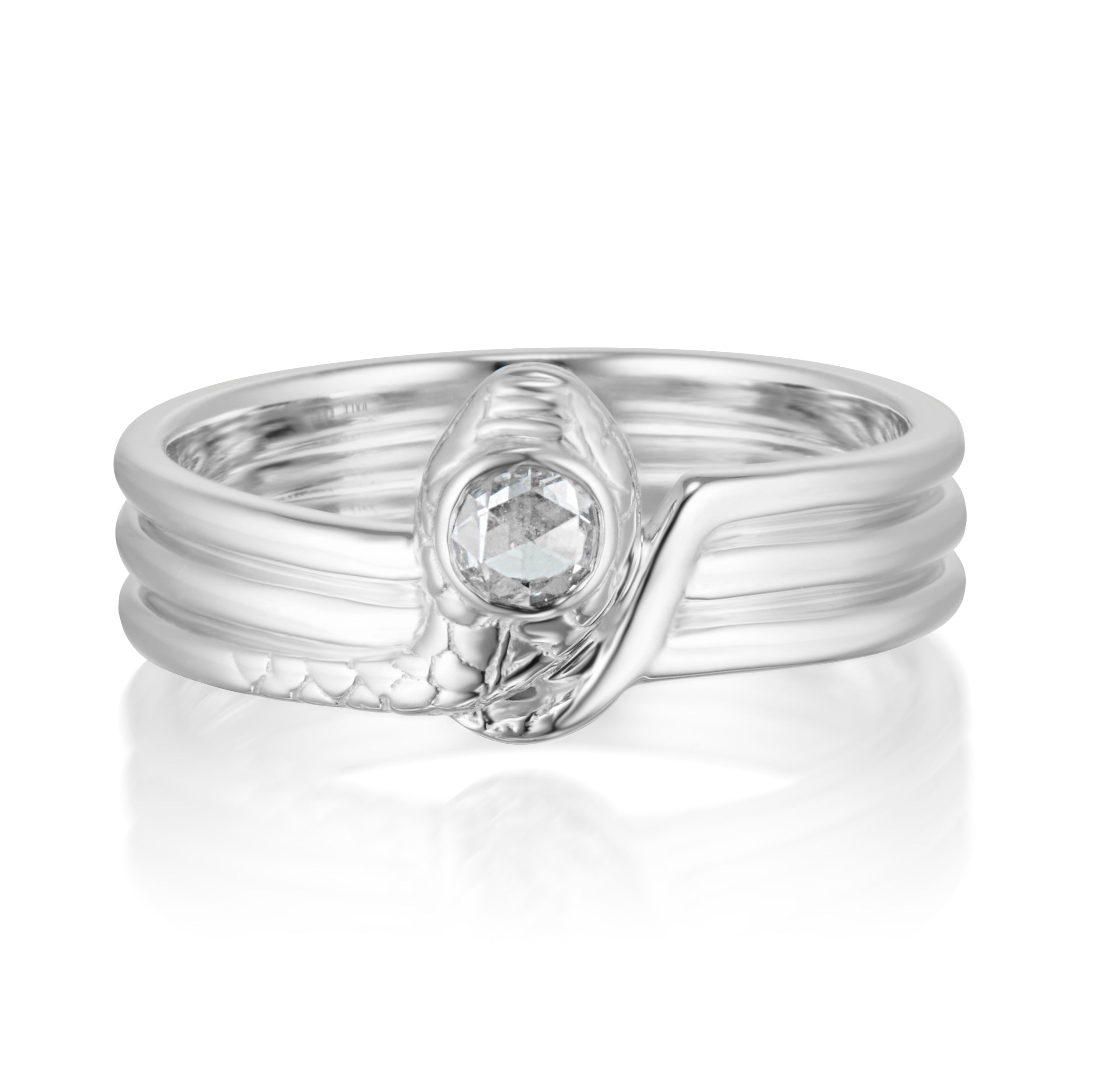 Alt="Vale Jewelry white gold double twist wrap serpent ring with rose cut white diamond"