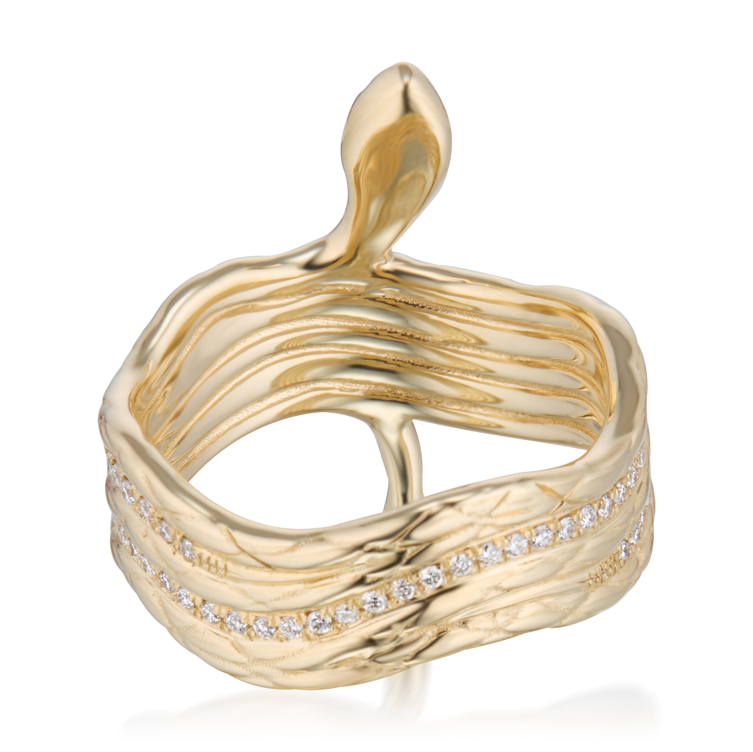 Alt="Vale Jewelry rear view of yellow gold snake wrap ring with pave accents along the snakes body"