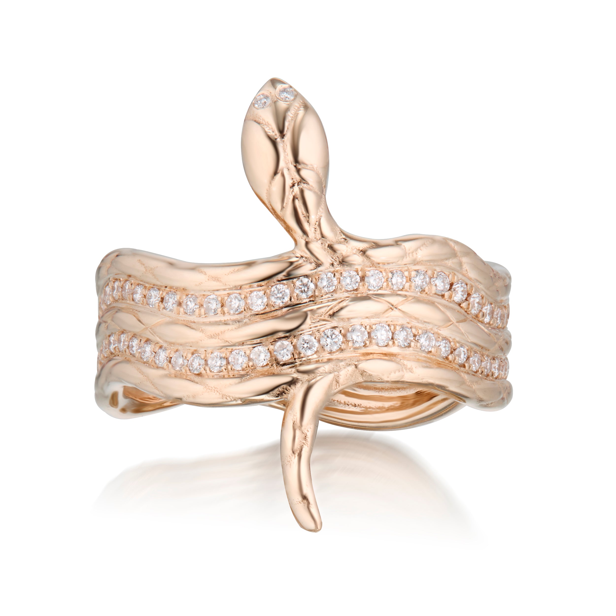 Alt="Vale Jewelry rose Gold serpent wrap ring with pave diamond accents"