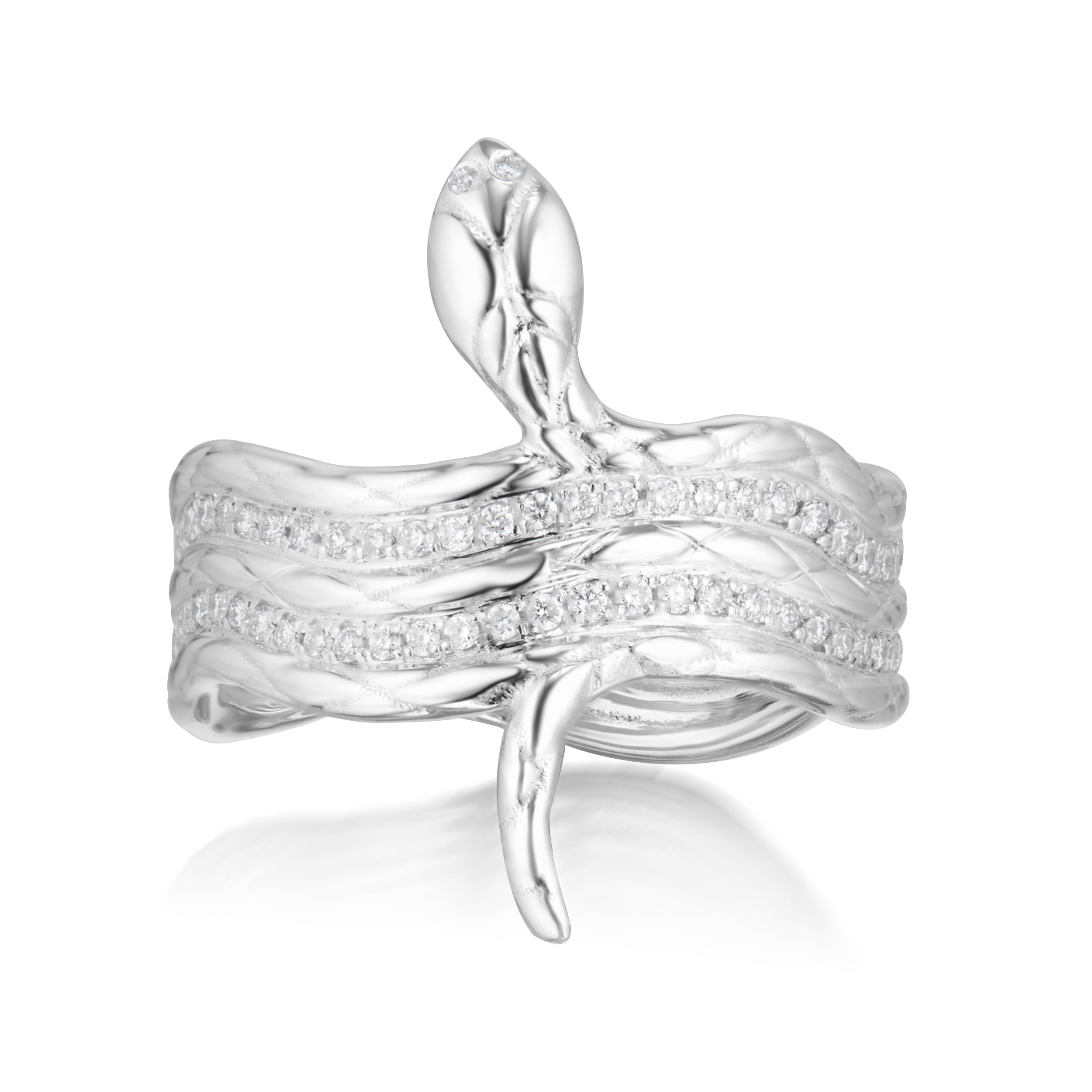 Alt="Vale Jewelry white gold snake wrap ring with pave diamonds front view of white background"