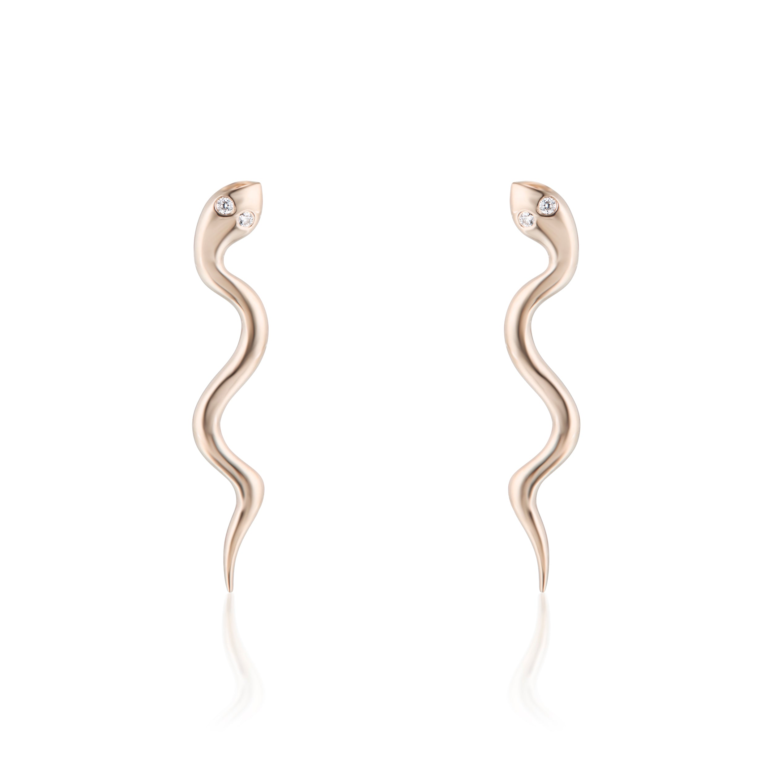 Alt="Vale Jewelry rose gold serpent earrings with diamond eyes on white background"