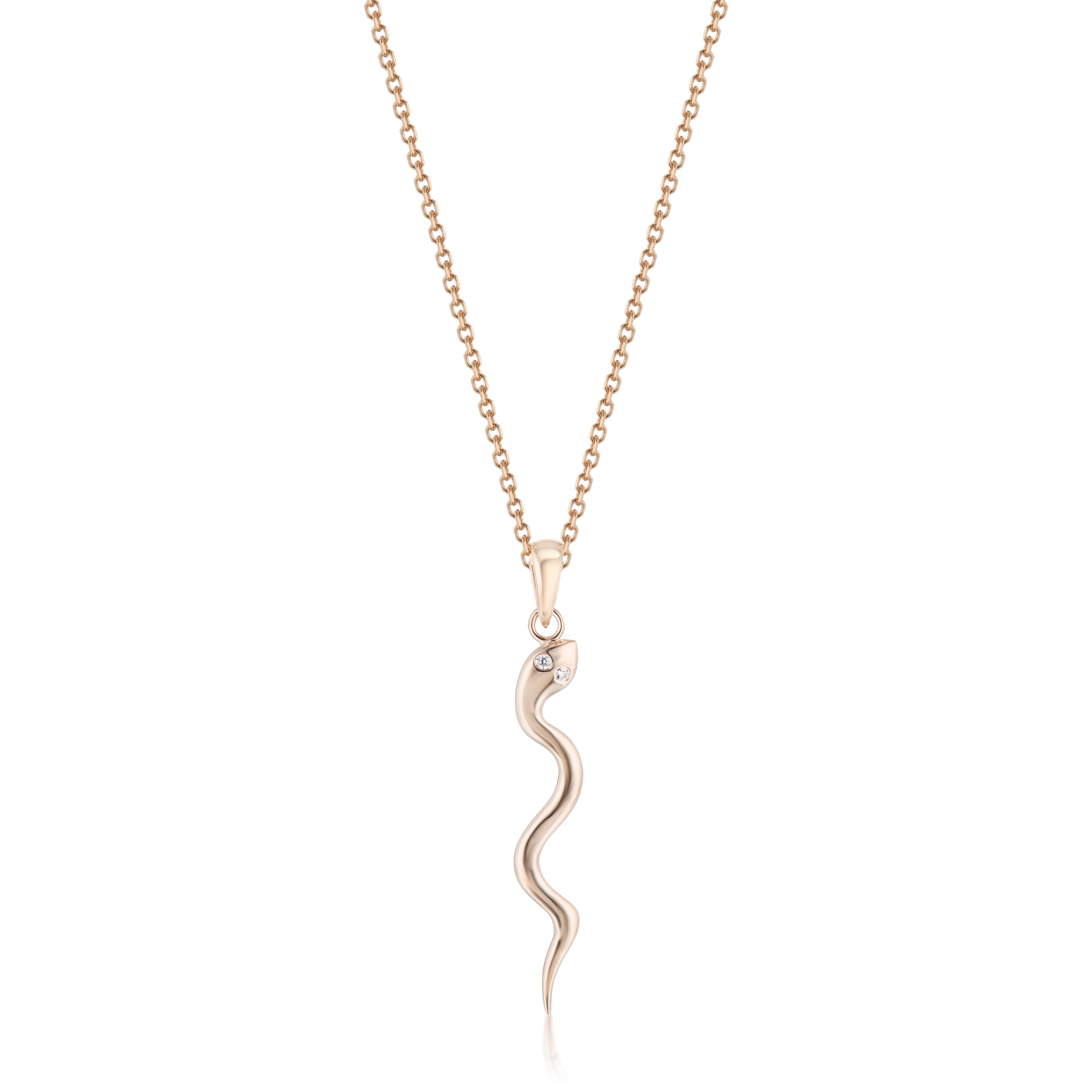 Rose gold serpent pendant necklace with white pave diamond eyes