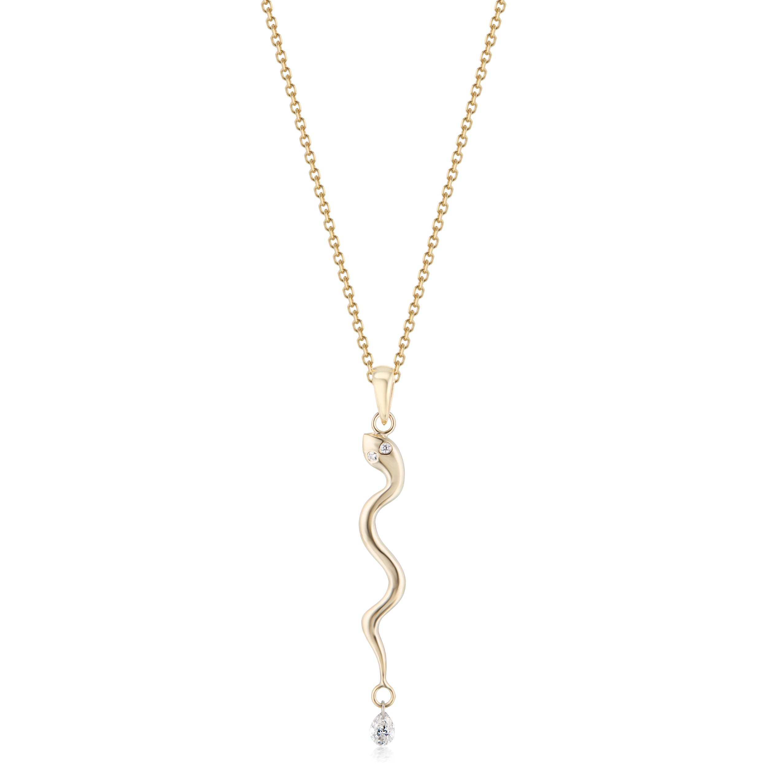 Serpent necklace with diamond drop on white background close up to the pendant