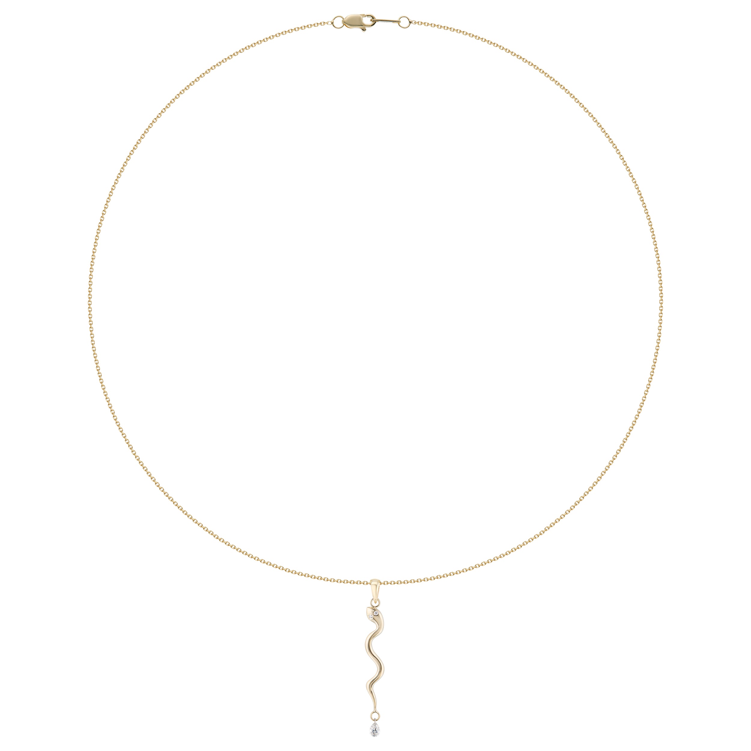 Wide view of serpent necklace with diamond drops with diamond pave eyes