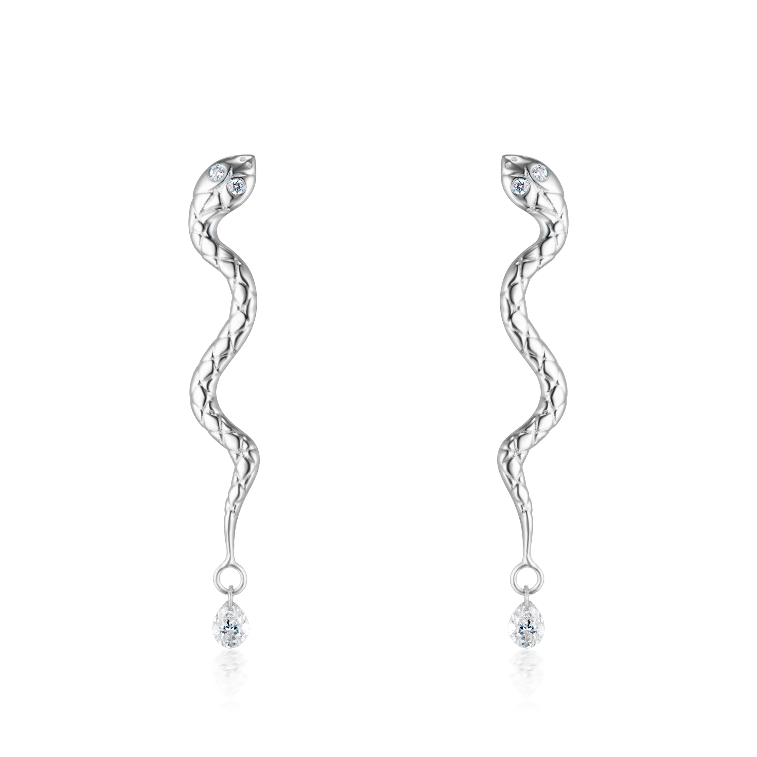Alt="Vale Jewelry white Gold Textured Serpent Earrings with Diamond Drops on white background"
