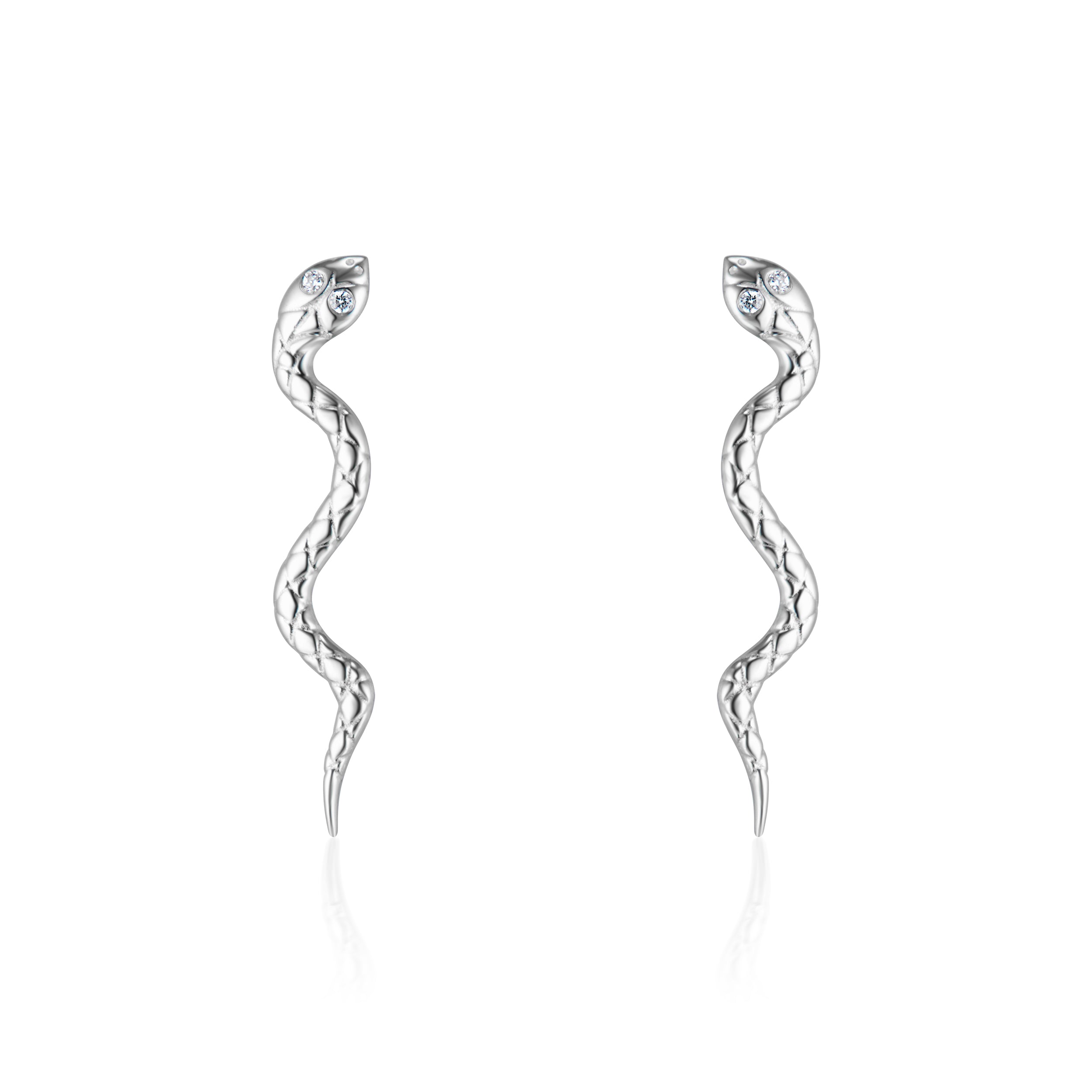 Alt="Vale Jewelry white gold snake shaped earrings with texture and diamond eyes front view on white background"