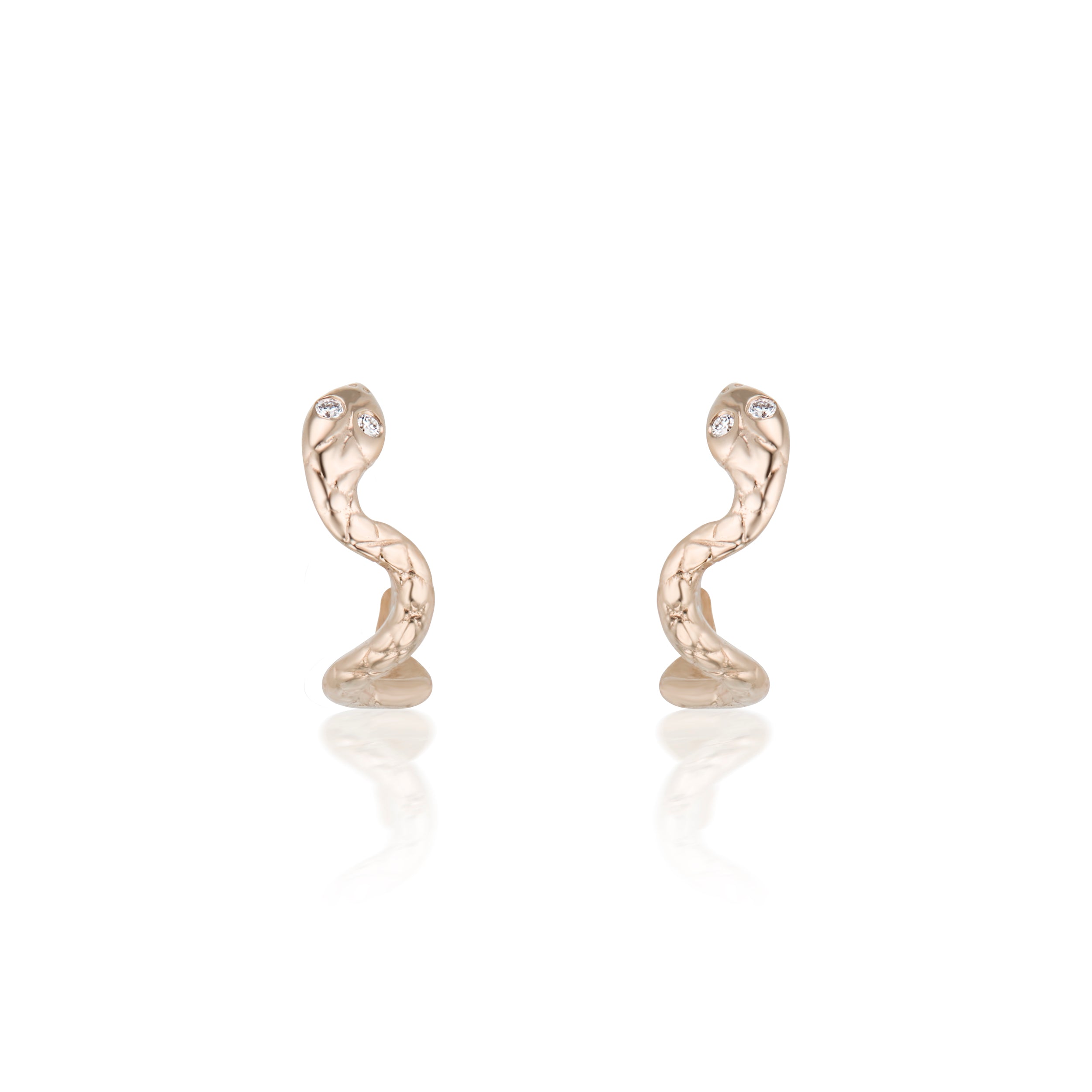 Alt="Vale Jewelry textured Serpent Half Hoops in Rose gold with diamond eyes"