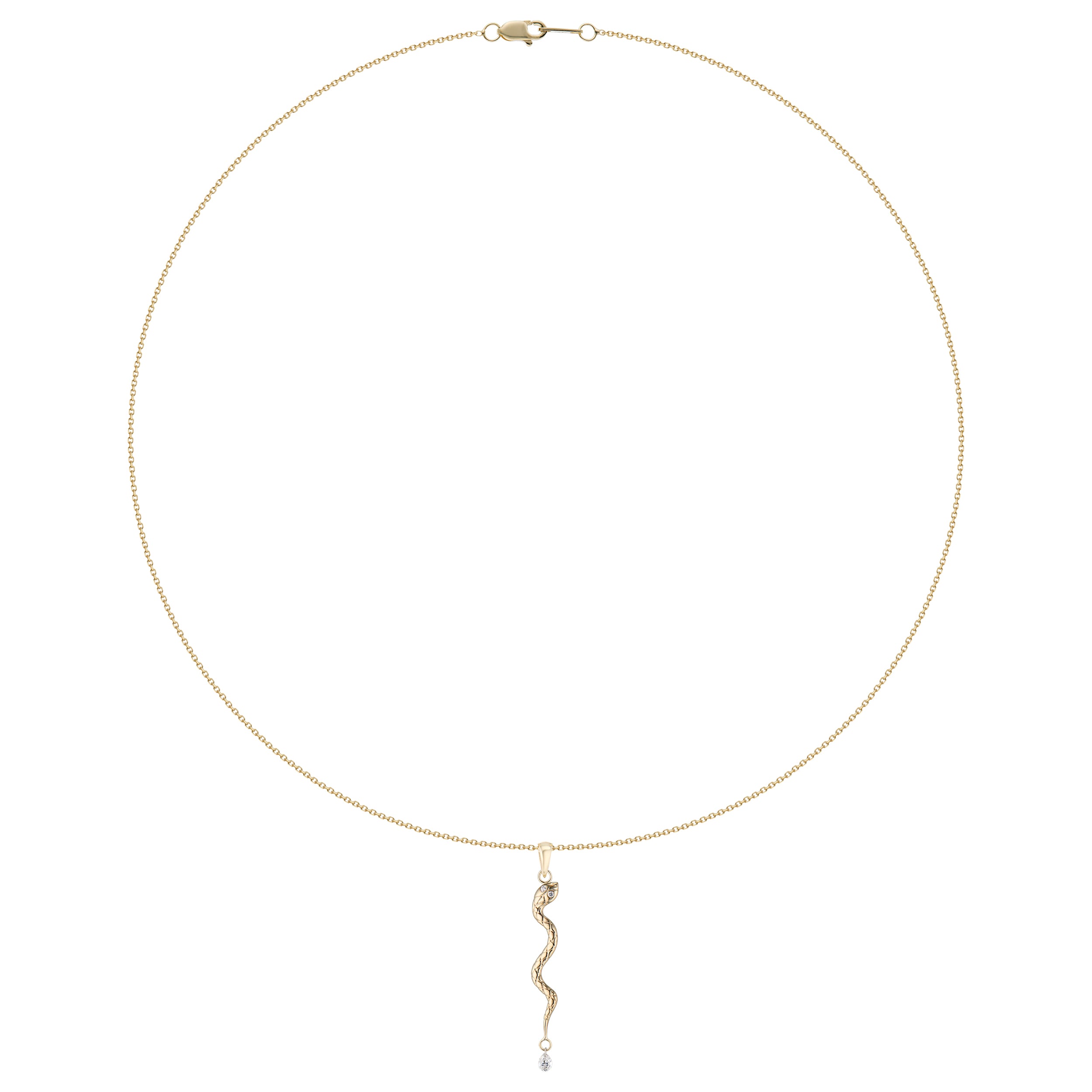 Wide shot of textured serpent necklace with diamond drops, plain background